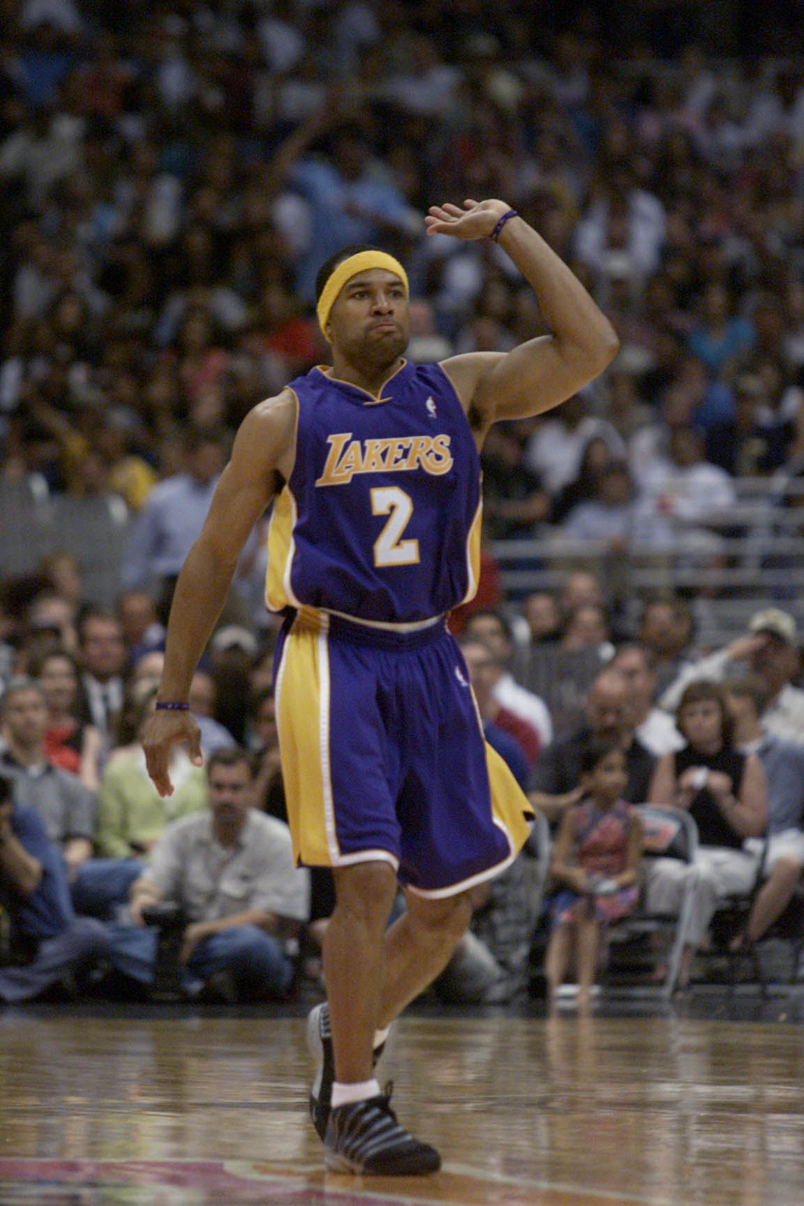 19 May 2001:  Derek Fisher #2 of the Los Angeles Lakers  in game one of the western conference finals against  the San Antonio Spurs at the Alamodome in San Antonio, Texas.  The Lakers won 104-90.  DIGITAL IMAGE.  Mandatory Credit: Jed Jacobsohn/Allsport.