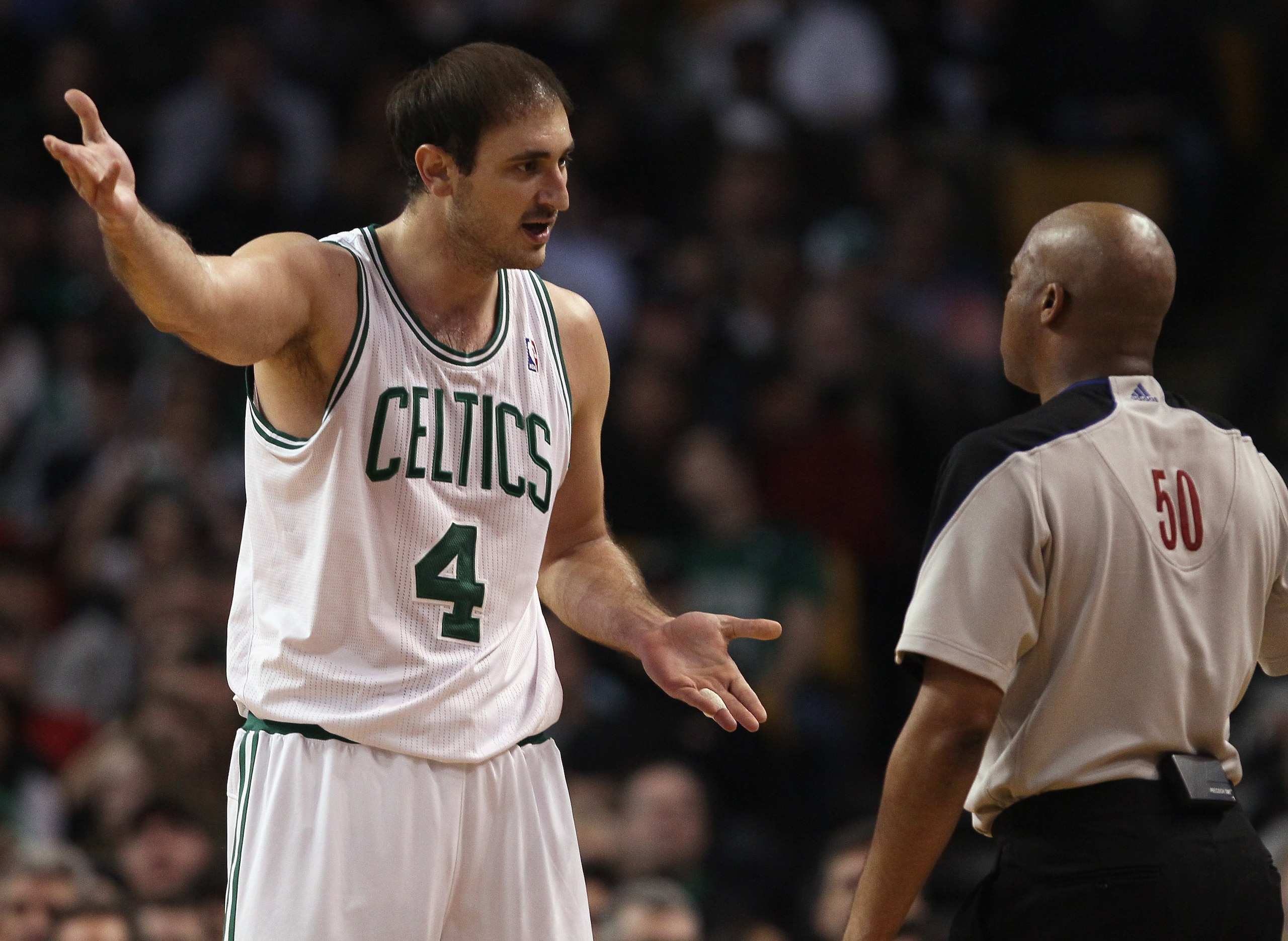 BOSTON, MA - MARCH 23:  Nenad Krstic #4 of the Boston Celtics tries to talk with a referee after a foul call against him in the second half against the Memphis Grizzlies on March 23, 2011 at the TD Garden in Boston, Massachusetts.  The Memphis Grizzlies d