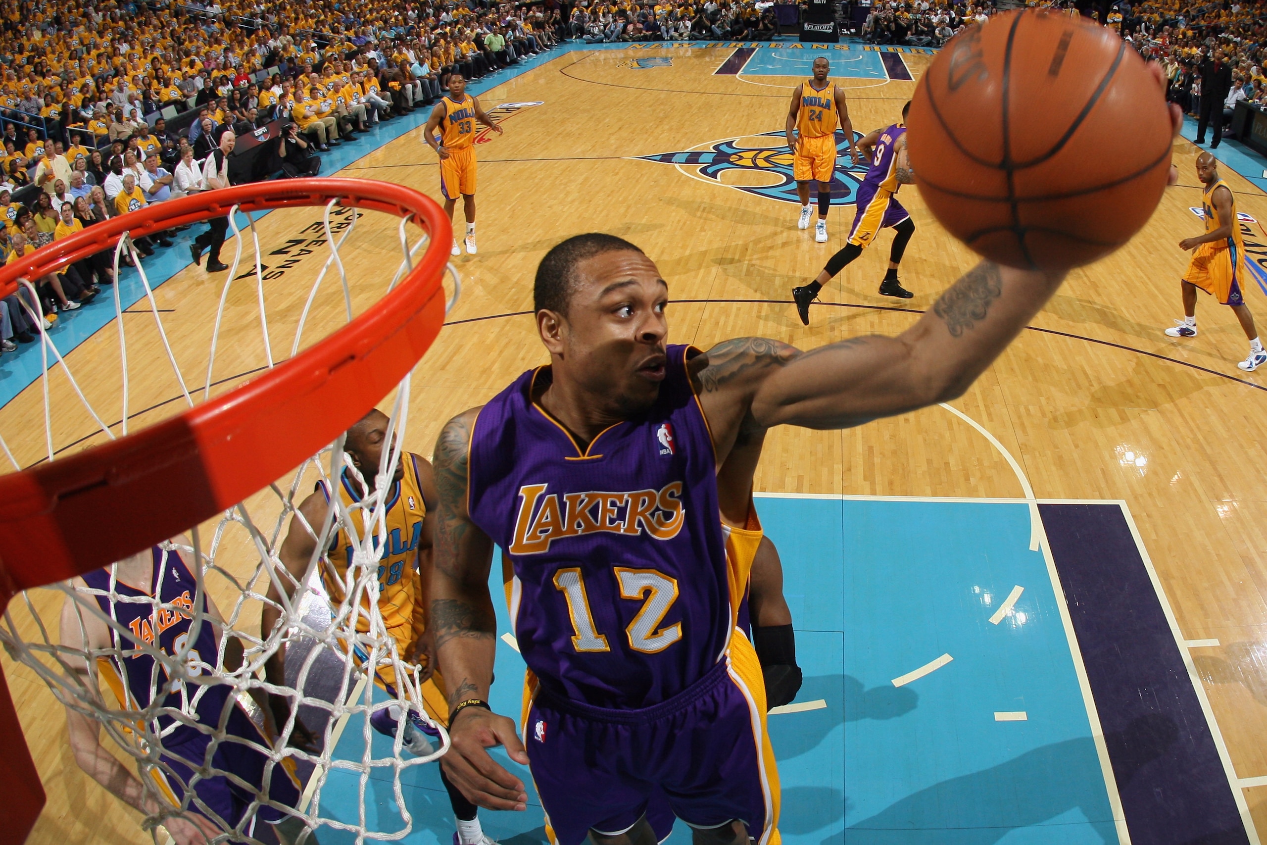 NEW ORLEANS, LA - APRIL 22:  Shannon Brown #12 of the Los Angeles Lakers grabs a rebound during the game against the New Orleans Hornets in Game Three of the Western Conference Quarterfinals in the 2011 NBA Playoffs at the New Orleans Arena  on April 22,