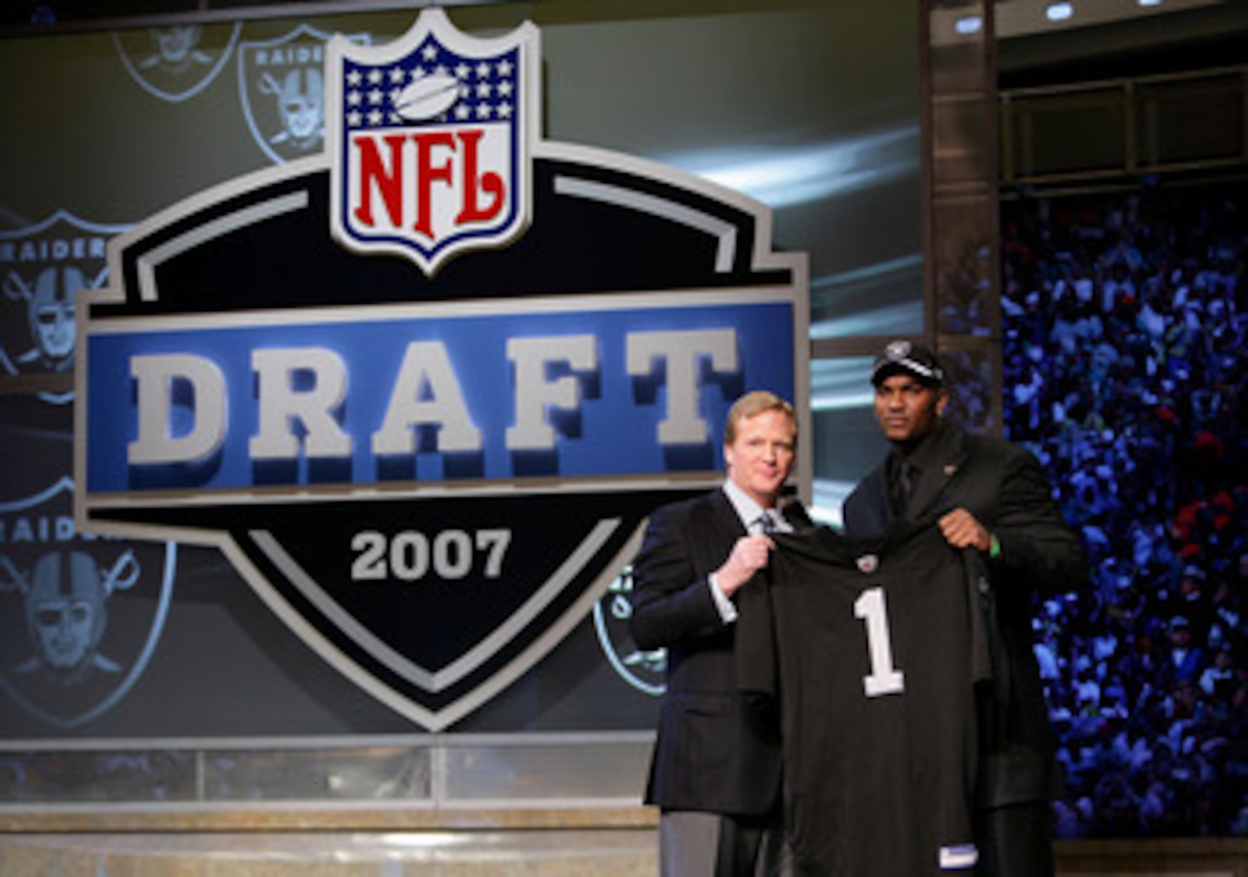 NEW YORK - APRIL 28:  JaMarcus Russell poses with NFL Commissioner Roger Goodell after being chosen first overall by the Oakland Raiders at the 2007 NFL Draft at Radio City Music Hall April 28, 2007 in New York City.  (Photo by Nick Laham/Getty Images)
