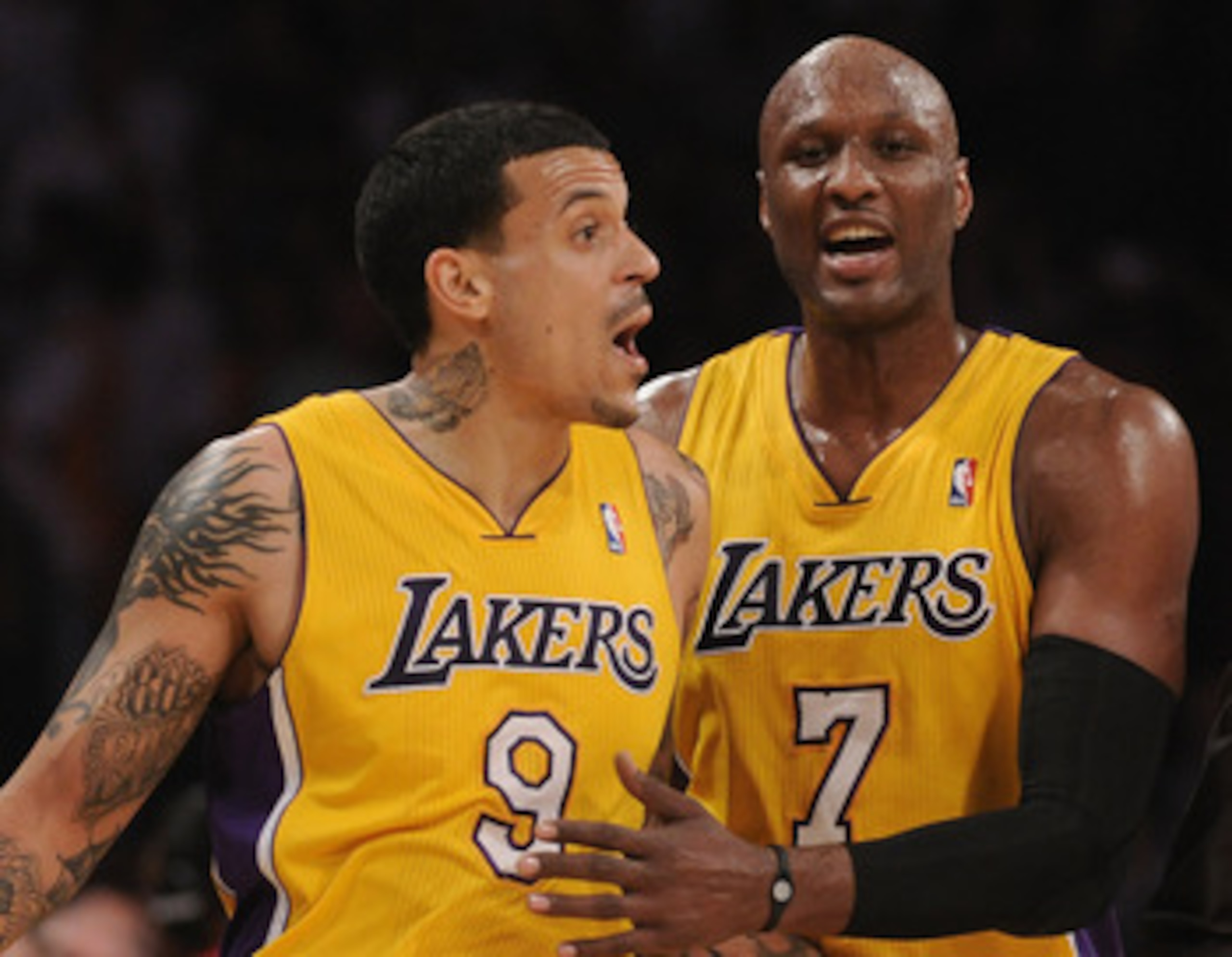 LOS ANGELES, CA - MARCH 31:  Matt Barnes #9 of the Los Angeles Lakers is restrained by Lamar Odom #7 after a shoving match with Jason Terry #31 of the Dallas Mavericks at Staples Center on March 31, 2011 in Los Angeles, California.  Barnes was ejectd from