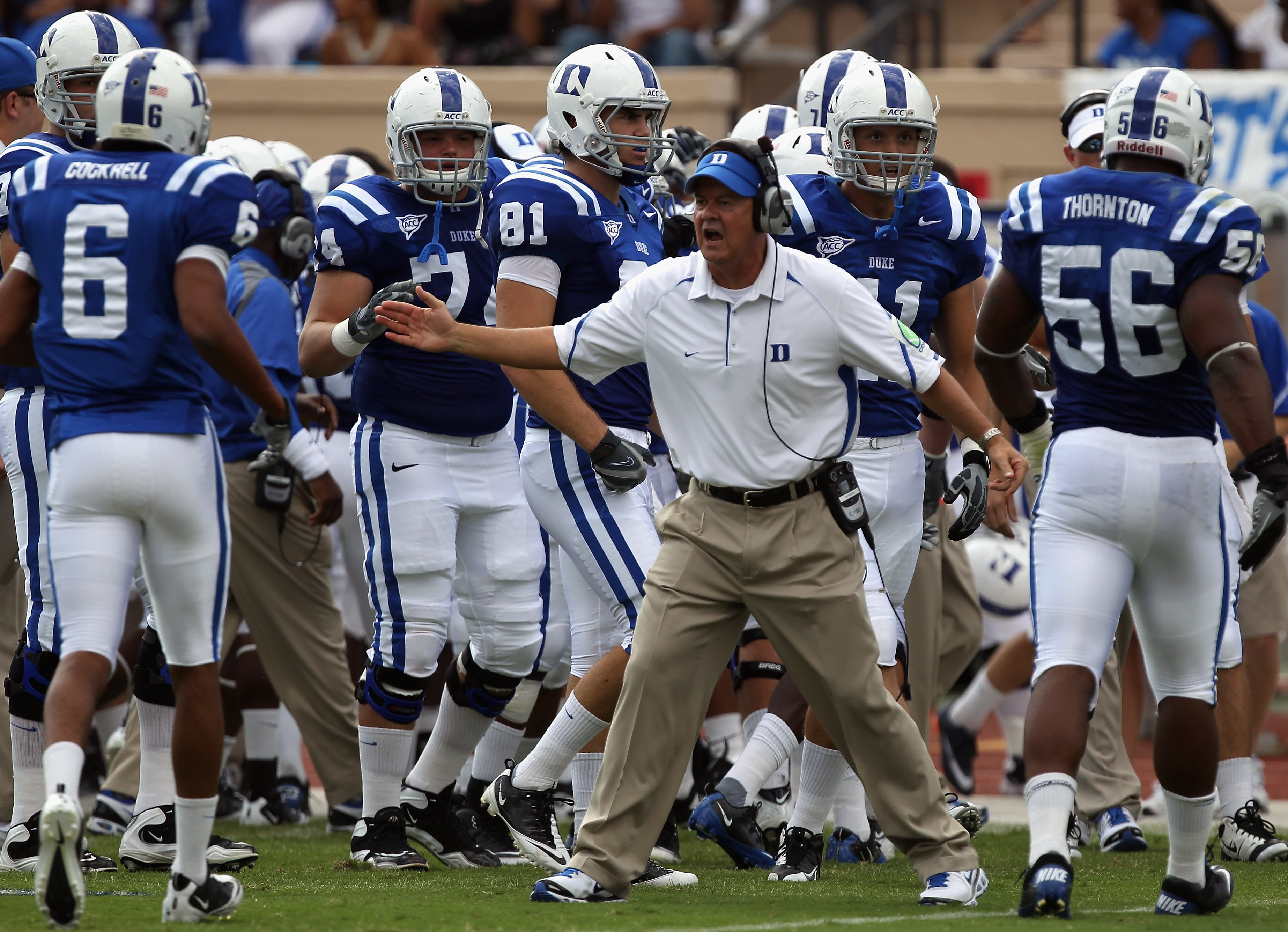 DURHAM, NC - SEPTEMBER 25:  Head coach David Cutcliffe of the Duke Blue Devils cheers on his team the Army Black Knights at Wallace Wade Stadium on September 25, 2010 in Durham, North Carolina.  (Photo by Streeter Lecka/Getty Images)