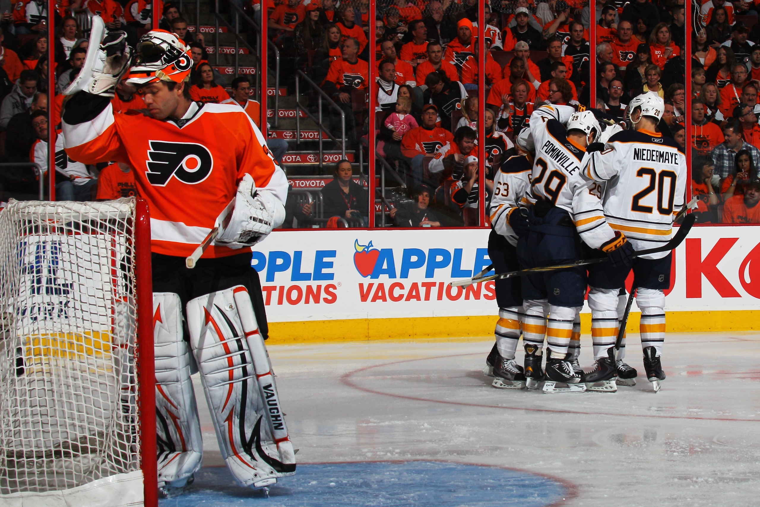 PHILADELPHIA, PA - APRIL 22: Tyler Ennis #63 celebrates with Jason Pominville #29 and Rob Niedermayer #20 of the Buffalo Sabres after scoring a first period goal against Brian Boucher #33 of the Philadelphia Flyers in Game Five of the Eastern Conference PHILADELPHIA, PA - APRIL 22: Tyler Ennis #63 celebrates with Jason Pominville #29 and Rob Niedermayer #20 of the Buffalo Sabres after scoring a first period goal against Brian Boucher #33 of the Philadelphia Flyers in Game Five of the Eastern Conference