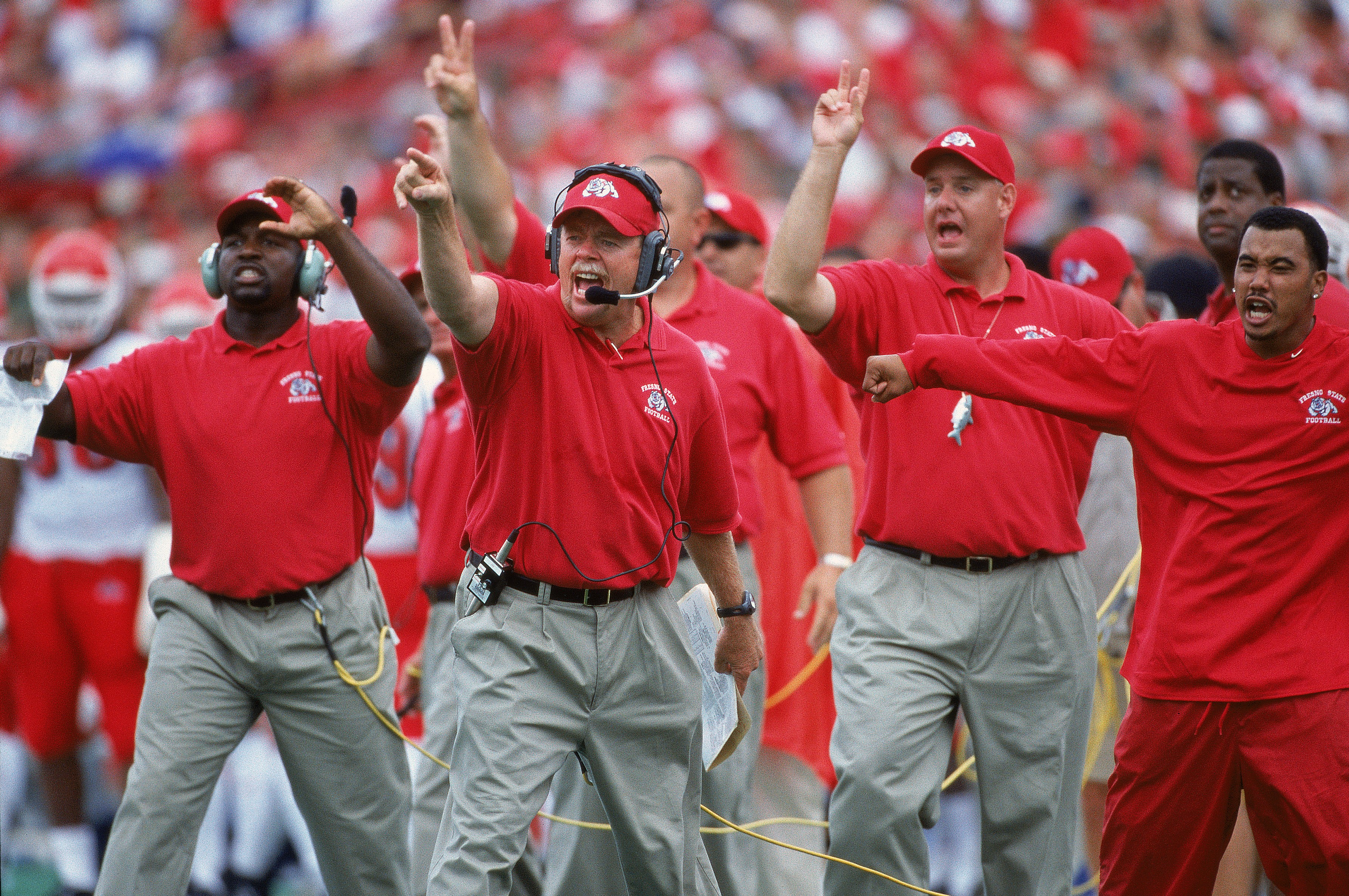 8 Sep 2001:  Head Coach Pat Hill of the Fresno State Bull Dogs yells from the sidelines during the game against the Wisconsin Badgers at Camp Randall Stadium in Madison, Wisconsin. The Bull Dogs defeated the Badgers 32-20.Mandatory Credit: Jonathan Daniel