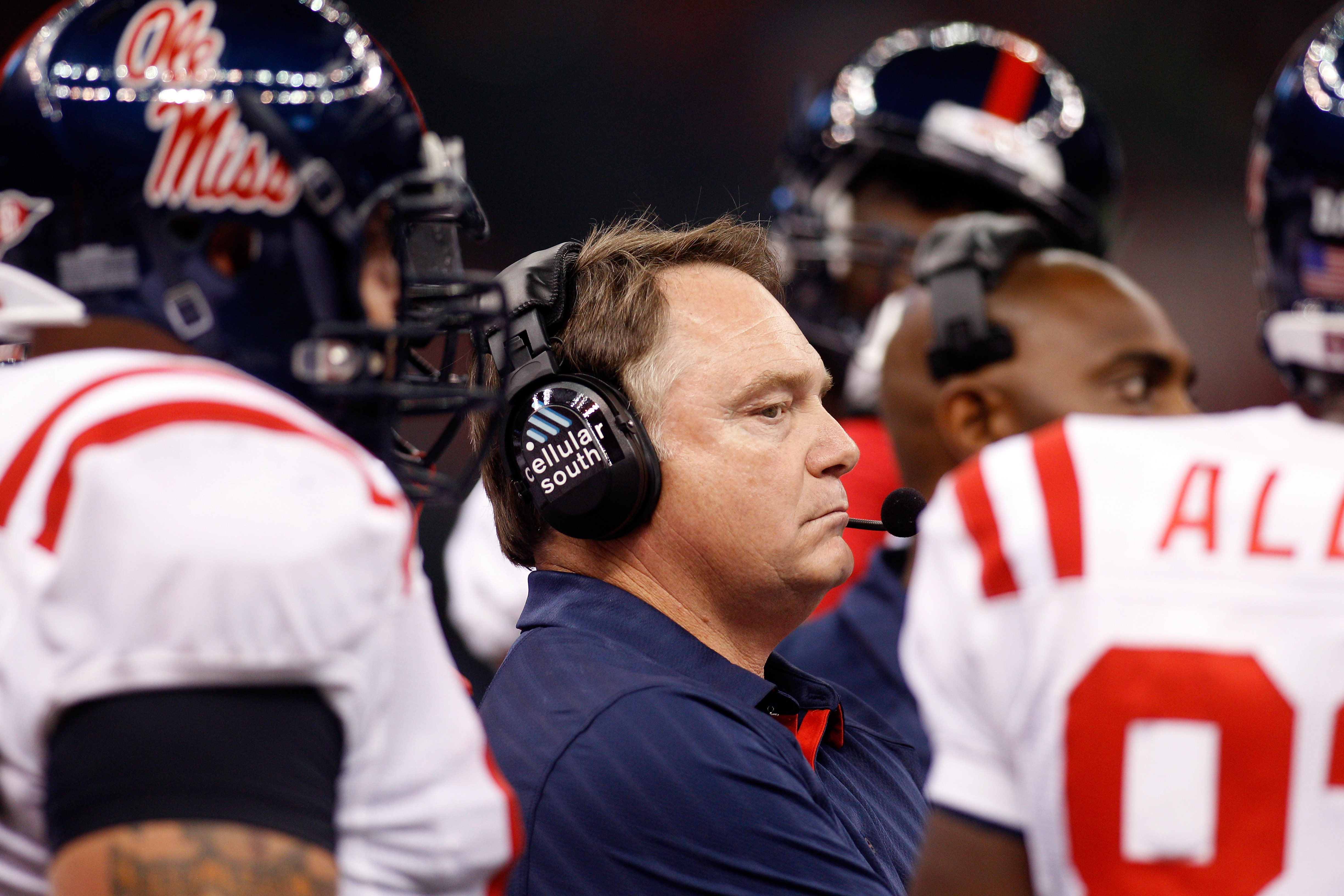 NEW ORLEANS - SEPTEMBER 11:  Head coach Houston Nutt of the Ole Miss Rebels watches a play from the sidelines during the game against the Tulane Green Wave at the Louisiana Superdome on September 11, 2010 in New Orleans, Louisiana.  (Photo by Chris Grayth