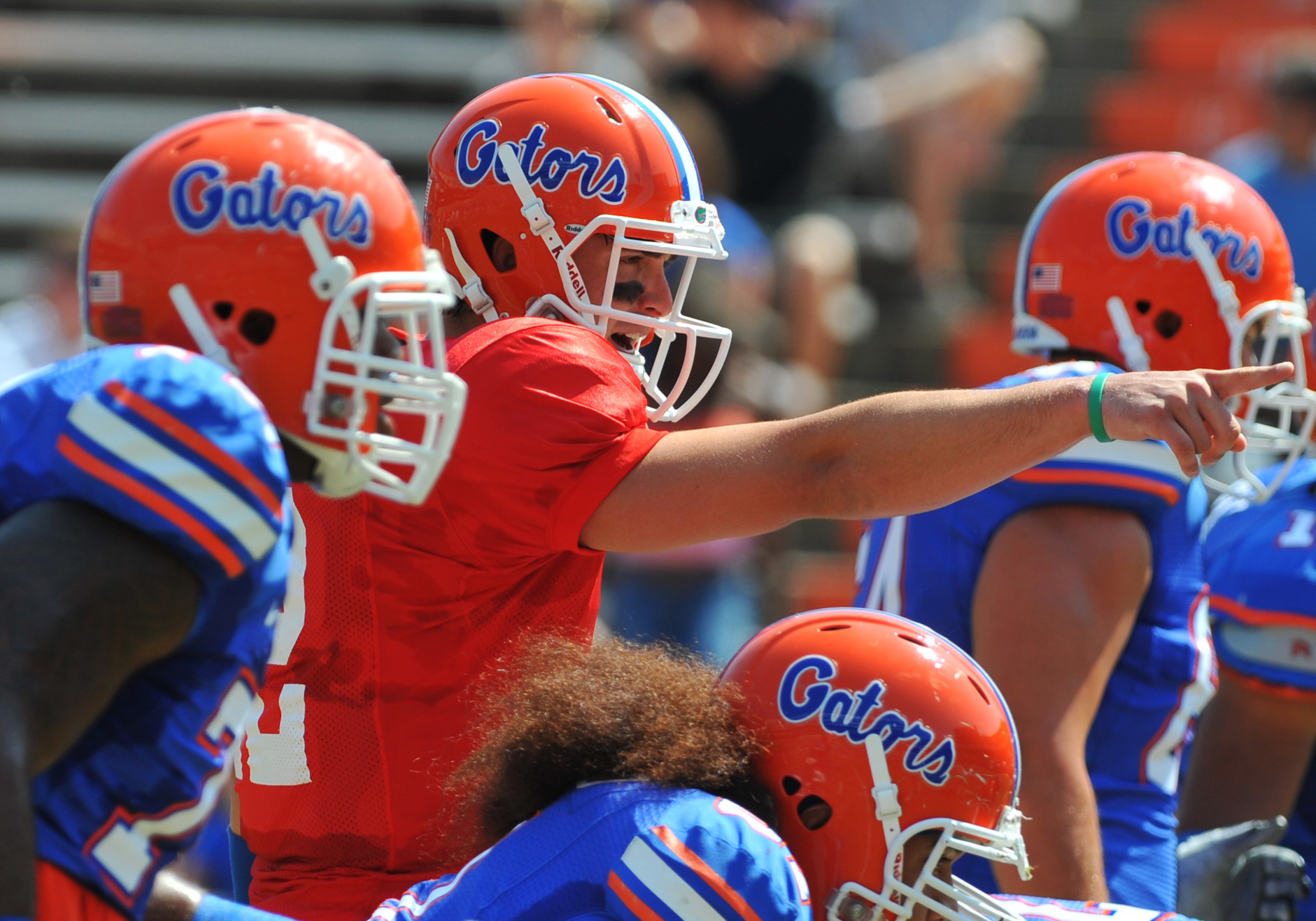 GAINESVILLE, FL - APRIL 9:  Quarterback John Brantley #12 of the Florida Gators directs play the Orange and Blue spring football game April 9, 2011 at Ben Hill Griffin Stadium in Gainesville, Florida.  (Photo by Al Messerschmidt/Getty Images)