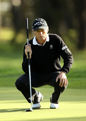 SAN FRANCISCO - NOVEMBER 07:  Bernhard Langer of Germany lines up a putt on the 14th hole during the final round of the Charles Schwab Cup Championship at Harding Park Golf Course on November 7, 2010 in San Francisco, California.  (Photo by Ezra Shaw/Gett