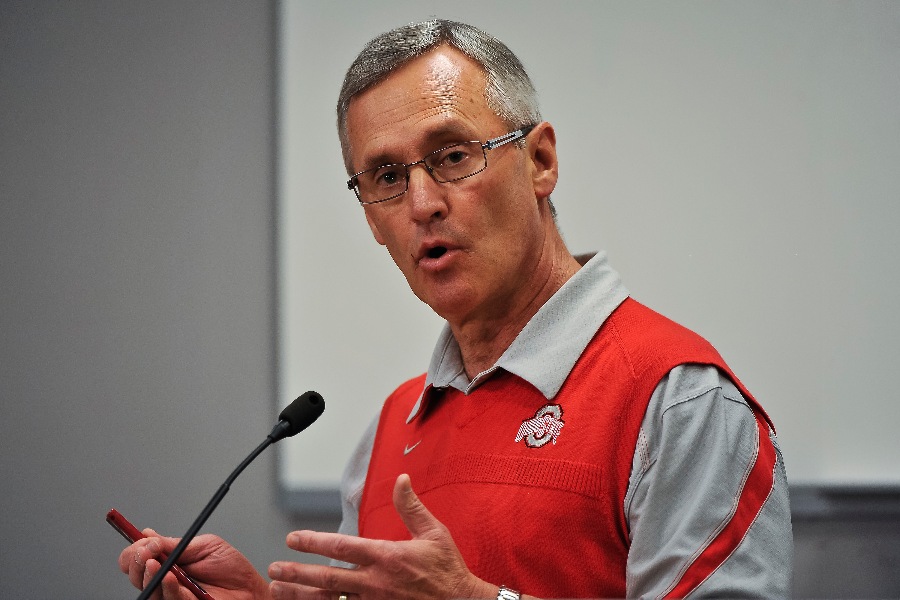COLUMBUS, OH - MARCH 30:  Head Coach Jim Tressel speaks to the media during a press conference before the start of Spring practices at the Woody Hayes Athletic Center at The Ohio State University on March 30, 2011 in Columbus, Ohio. (Photo by Jamie Sabau/