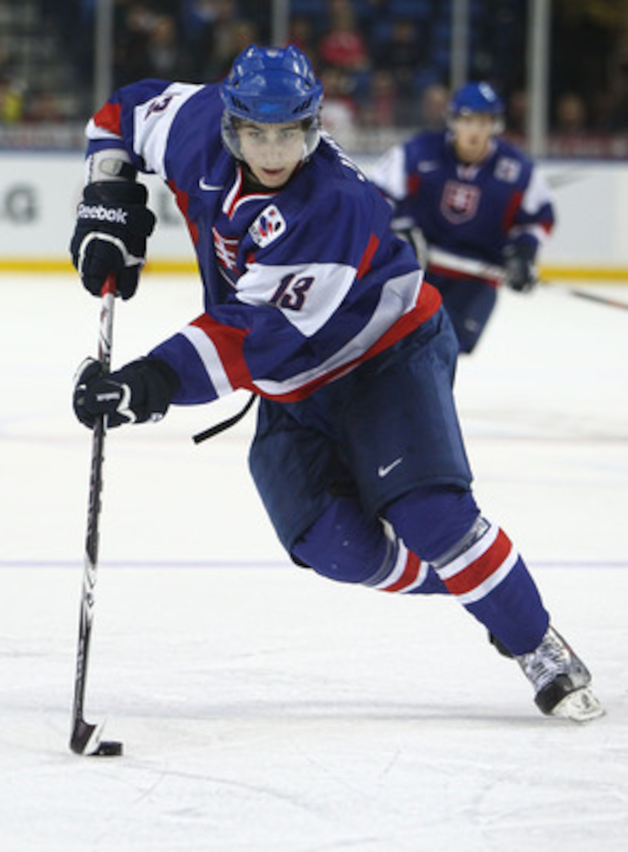 BUFFALO, NY - DECEMBER 31: Forward Tomas Jurco #13 of Slovakia carries the puck during the 2011 IIHF World U20 Championship game between Slovakia and Finland on December 31, 2010 at HSBC Arena in Buffalo, New York. (Photo by Tom Szczerbowski/Getty Images)