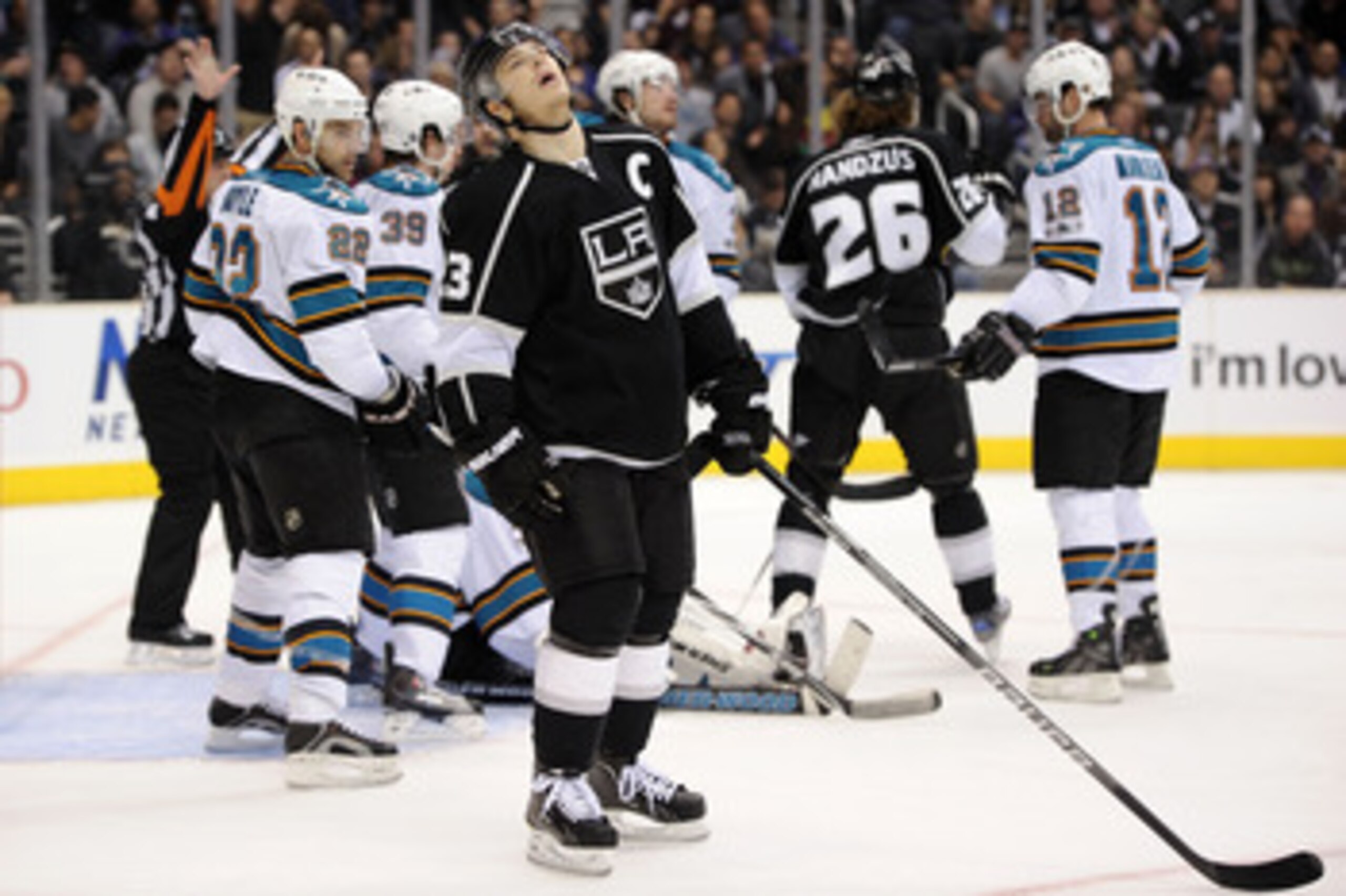 LOS ANGELES, CA - APRIL 25:  Dustin Brown #23 of the Los Angeles Kings reacts after missing a shot against the San Jose Sharks in game six of the Western Conference Quarterfinals during the 2011 NHL Stanley Cup Playoffs at Staples Center on April 25, 2011