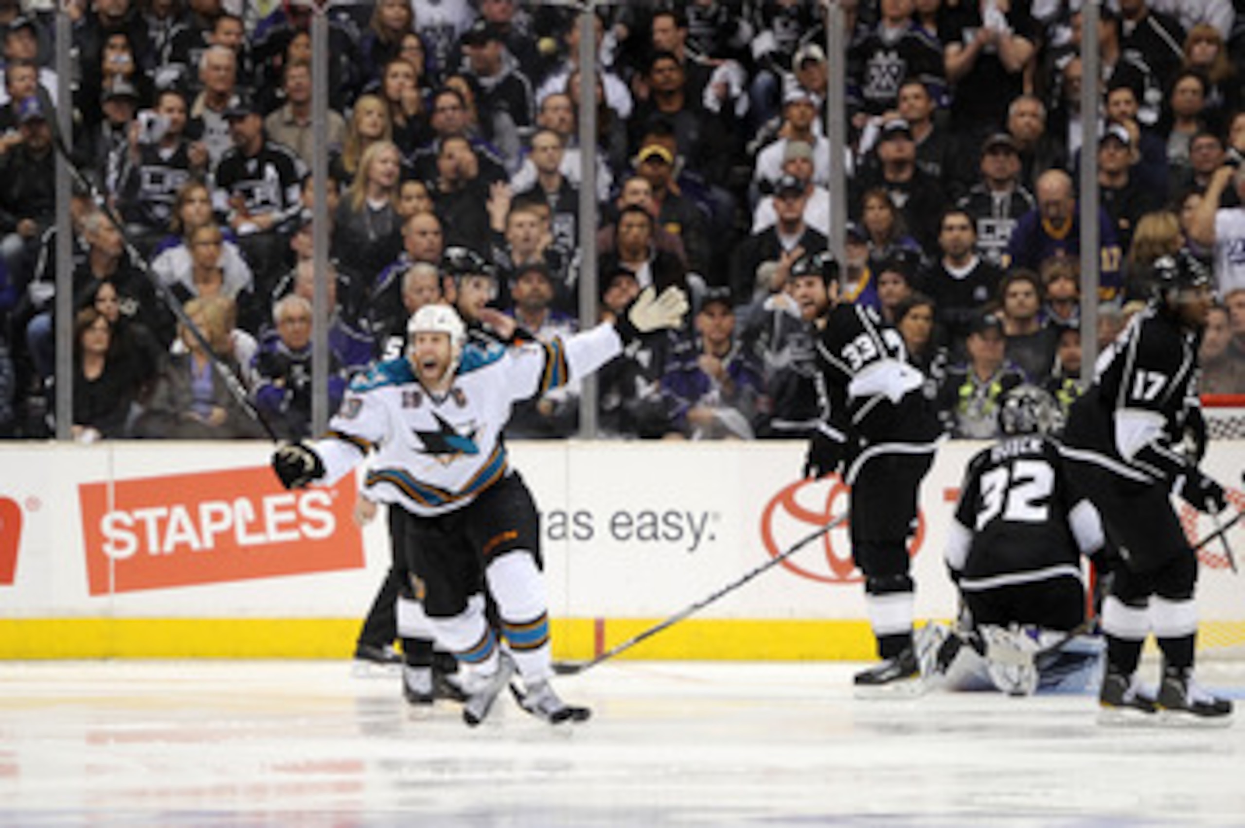 LOS ANGELES, CA - APRIL 25:  Joe Thornton #19 of the San Jose Sharks celebrates after scoring the game winning goal against the Los Angeles Kings in game six of the Western Conference Quarterfinals to advance to the next round of the 2011 NHL Stanley Cup