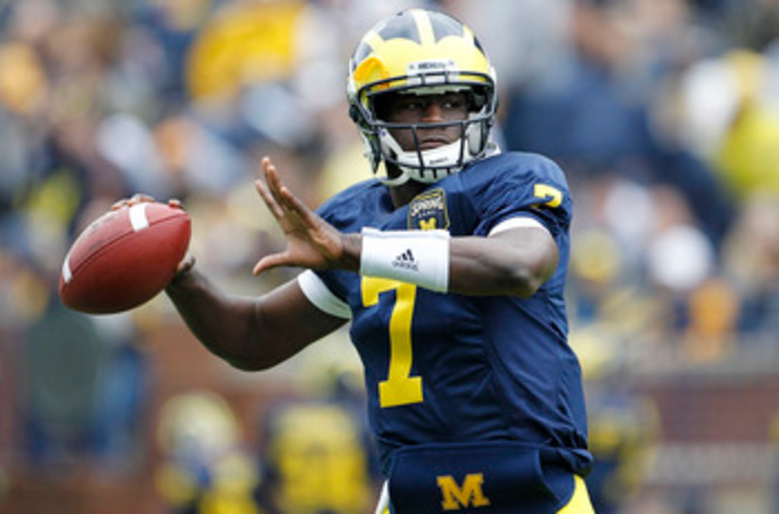 ANN ARBOR, MI - APRIL 16: Devin Gardner #7 of the Michigan Wolverines drops back to pass during the annual Spring Game at Michigan Stadium on April 16, 2011 in Ann Arbor, Michigan.  (Photo by Leon Halip/Getty Images)