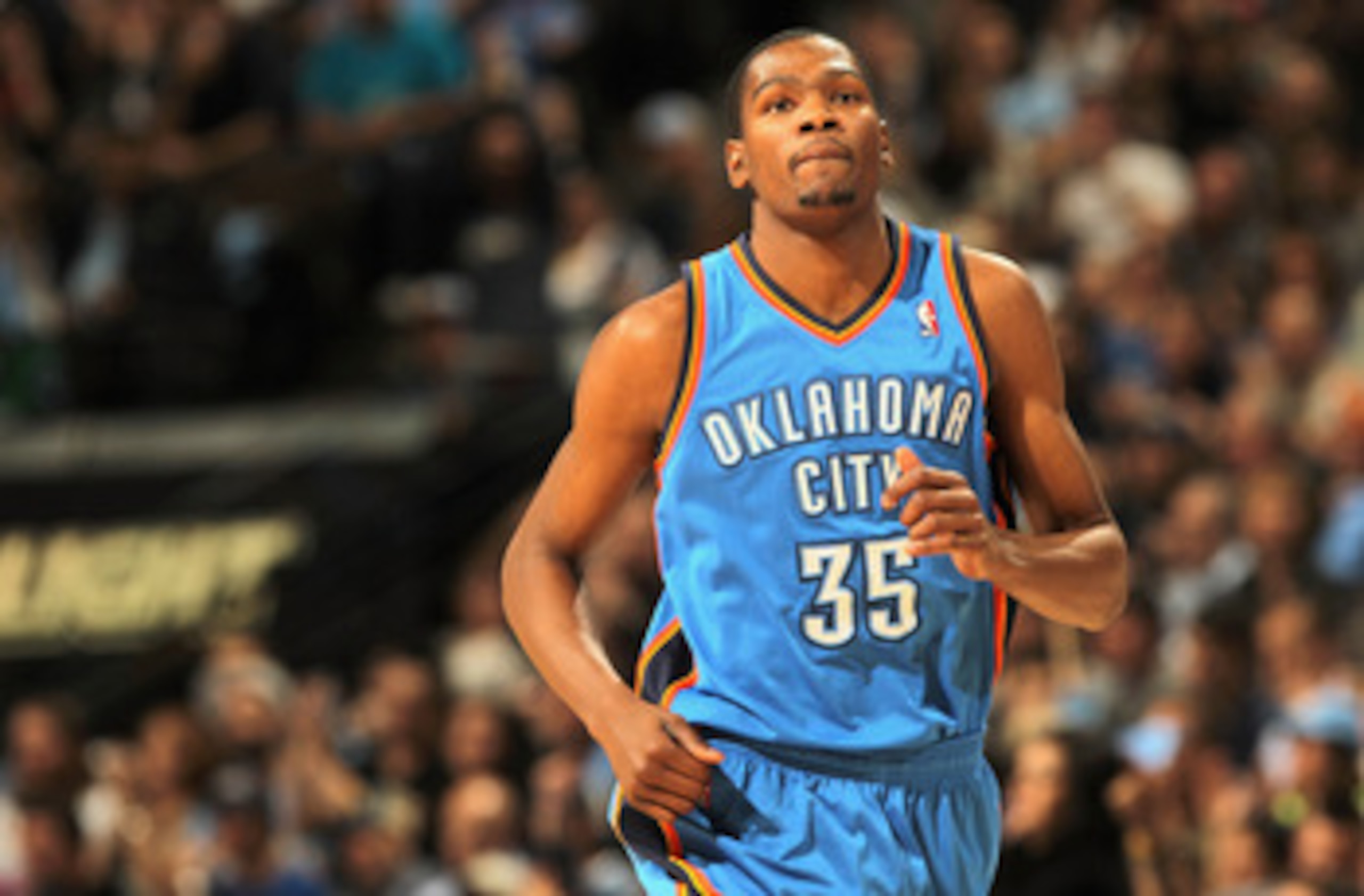 DENVER, CO - APRIL 25:  Kevin Durant #35 of the Oklahoma City Thunder heads up court against the Denver Nuggets in Game Four of the Western Conference Quarterfinals in the 2011 NBA Playoffs on April 24, 2011 at the Pepsi Center in Denver, Colorado. The Nu