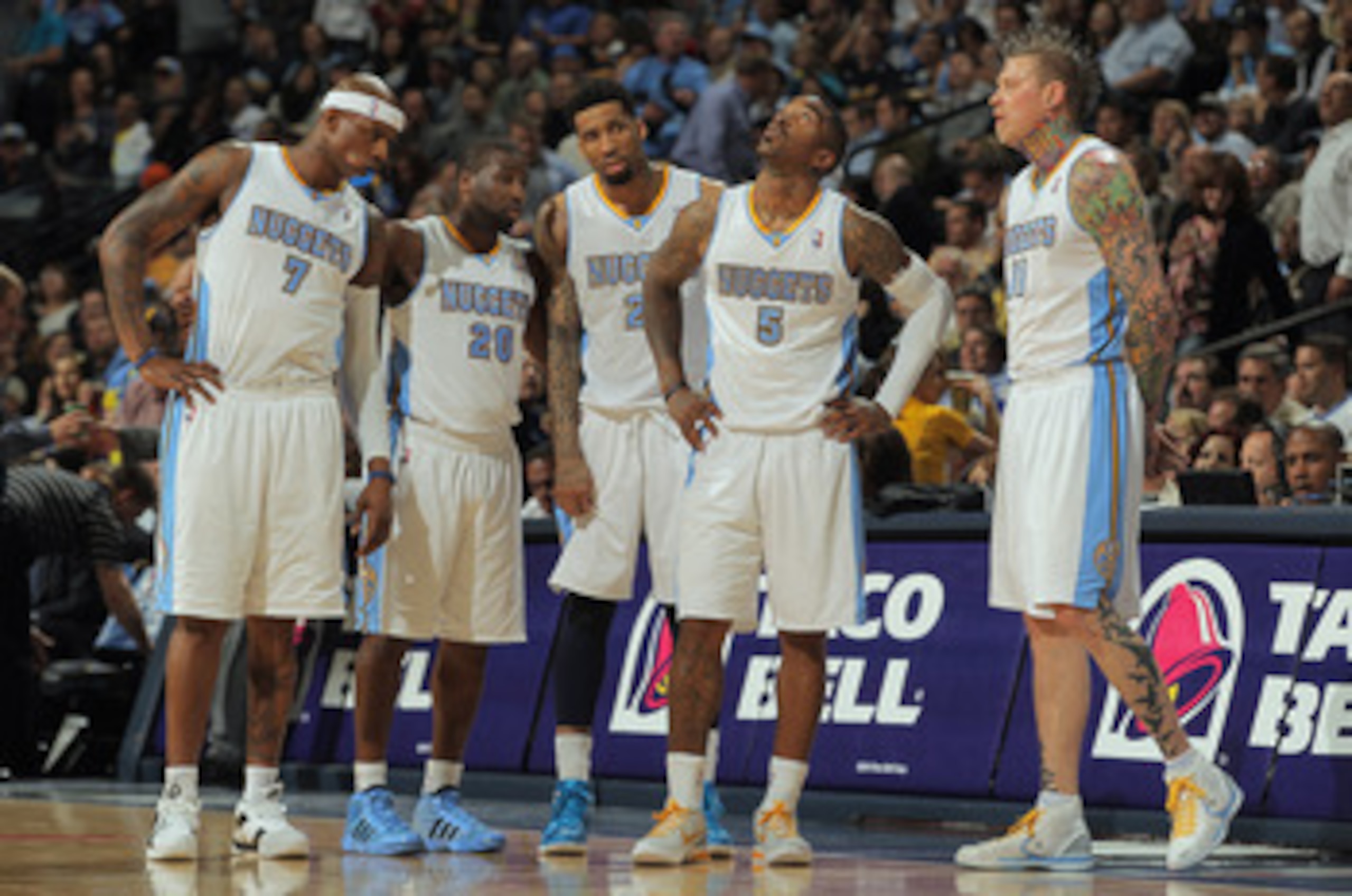 DENVER, CO - APRIL 25: Al Harrington #7, Raymond Felton #20, Wilson Chandler, J.R. Smith #5 and Chris Andersen #11 of the Denver Nuggets look on as they face the Oklahoma City Thunder in Game Four of the Western Conference Quarterfinals in the 2011 NBA P DENVER, CO - APRIL 25: Al Harrington #7, Raymond Felton #20, Wilson Chandler, J.R. Smith #5 and Chris Andersen #11 of the Denver Nuggets look on as they face the Oklahoma City Thunder in Game Four of the Western Conference Quarterfinals in the 2011 NBA P