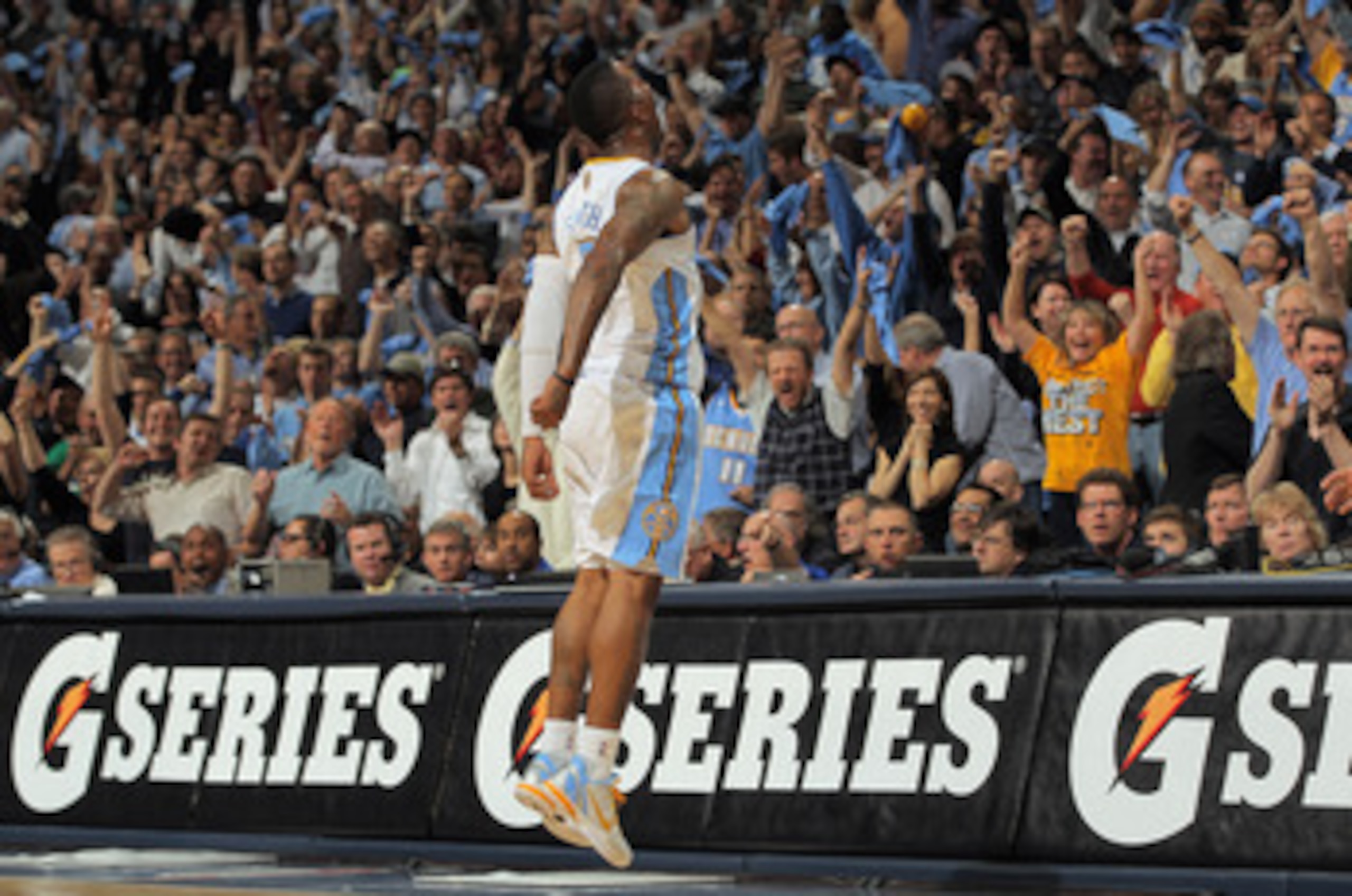 DENVER, CO - APRIL 25: J.R. Smith #5 of the Denver Nuggets excites the fans as he celebrates making a three point shot against the Oklahoma City Thunder in Game Four of the Western Conference Quarterfinals in the 2011 NBA Playoffs on April 24, 2011 at th DENVER, CO - APRIL 25: J.R. Smith #5 of the Denver Nuggets excites the fans as he celebrates making a three point shot against the Oklahoma City Thunder in Game Four of the Western Conference Quarterfinals in the 2011 NBA Playoffs on April 24, 2011 at th