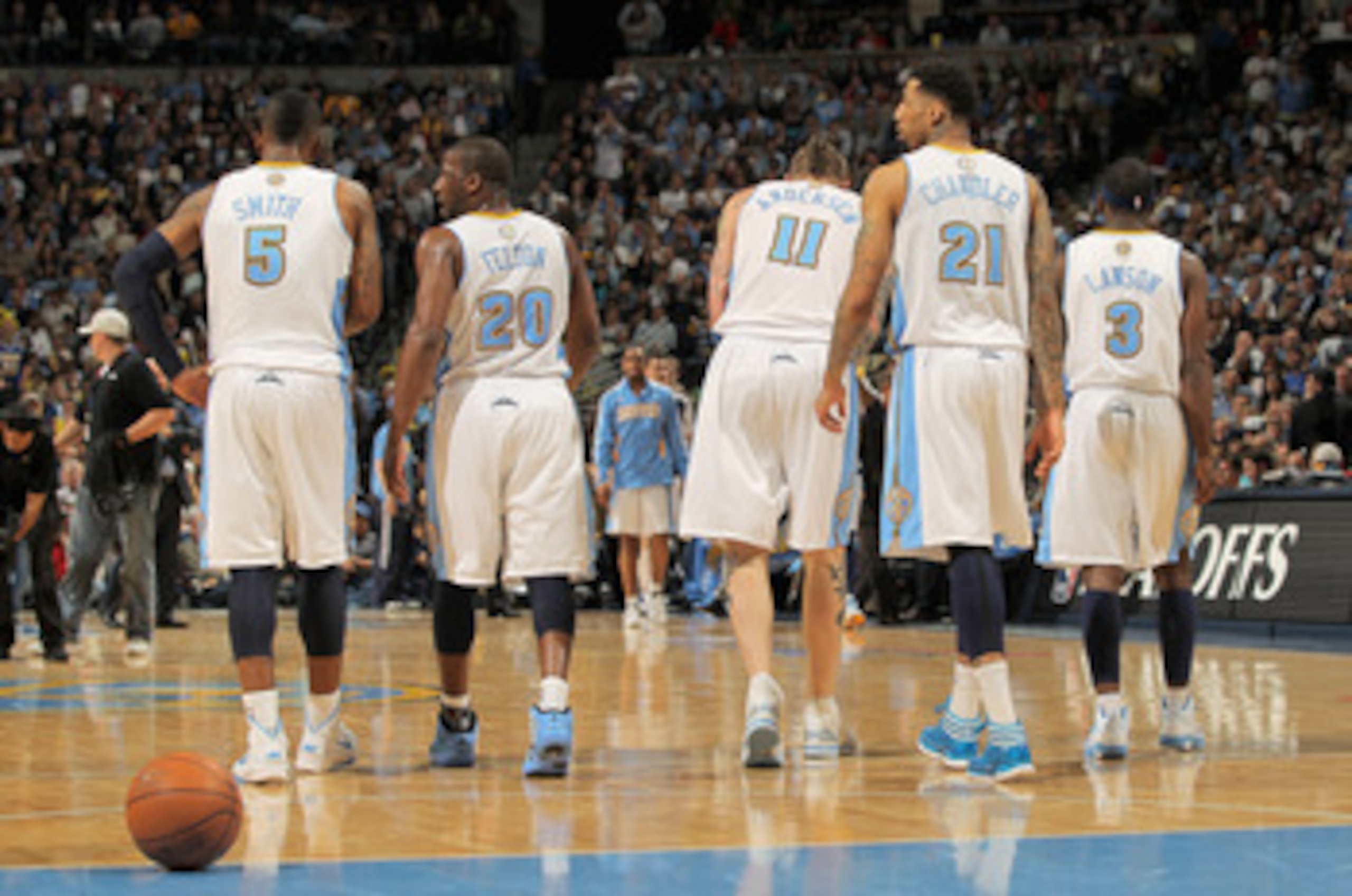 DENVER, CO - APRIL 23: J.R. Smith #5, Raymond Felton #20, Chris Andersen #11, Wilson Chandler #21 and Ty Lawson #3 of the Denver Nuggets head to the bench during a time out against the Oklahoma City Thunder in Game Three of the Western Conference Quarter DENVER, CO - APRIL 23: J.R. Smith #5, Raymond Felton #20, Chris Andersen #11, Wilson Chandler #21 and Ty Lawson #3 of the Denver Nuggets head to the bench during a time out against the Oklahoma City Thunder in Game Three of the Western Conference Quarter