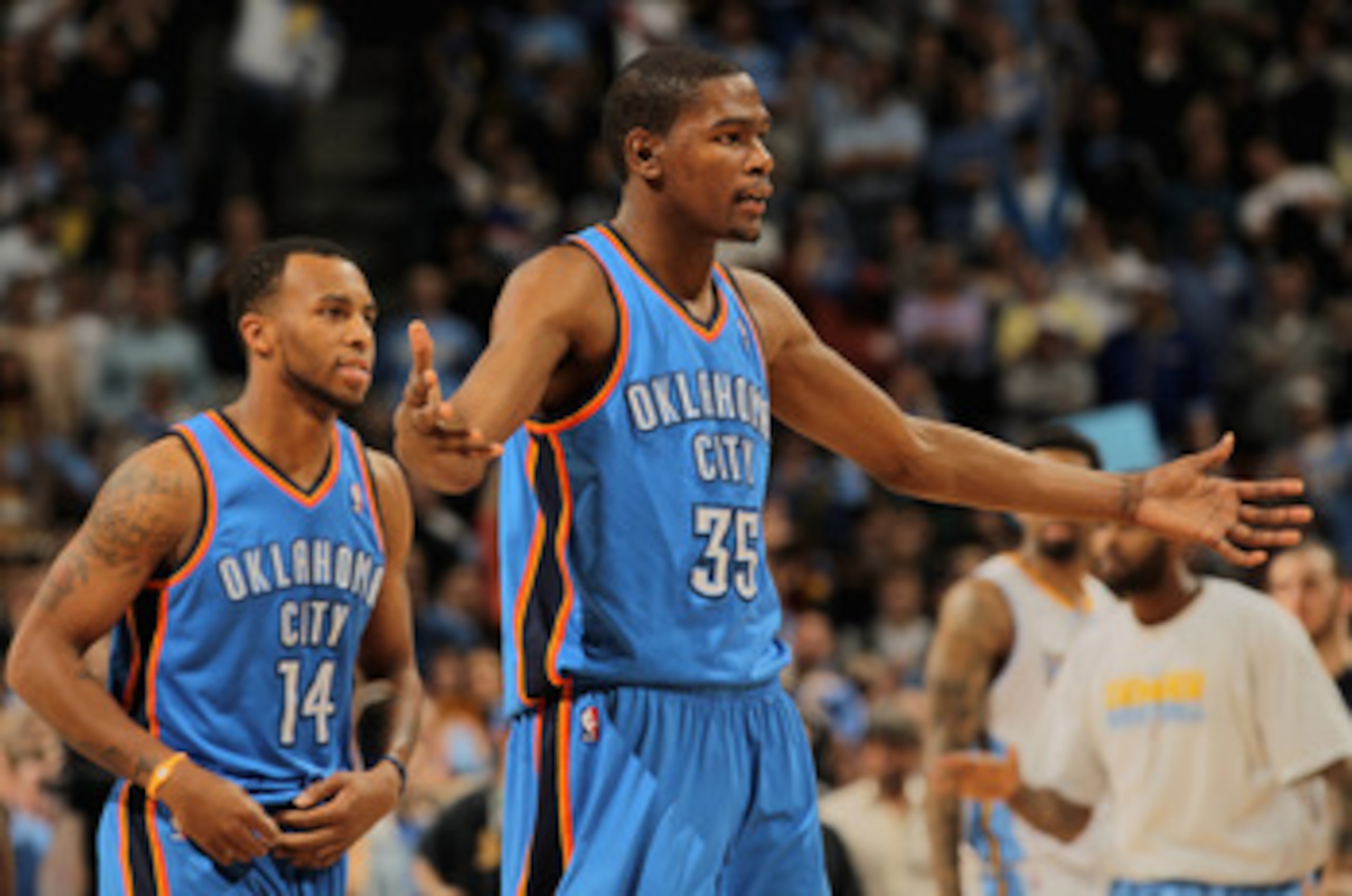 DENVER, CO - APRIL 25:  Kevin Durant #35 of the Oklahoma City Thunder reacts to a call a the Thunder face the Denver Nuggets in Game Four of the Western Conference Quarterfinals in the 2011 NBA Playoffs on April 24, 2011 at the Pepsi Center in Denver, Col