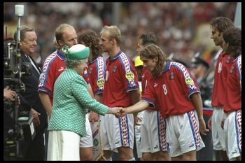 30 Jun 1996:  The Queen meets the Czech Republic team during the European nations soccer championships final match between the Czech Republic and Germany at Wembley Stadium, London. Germany won the final by 2-1. Mandatory Credit: Simon Bruty/Allsport UK