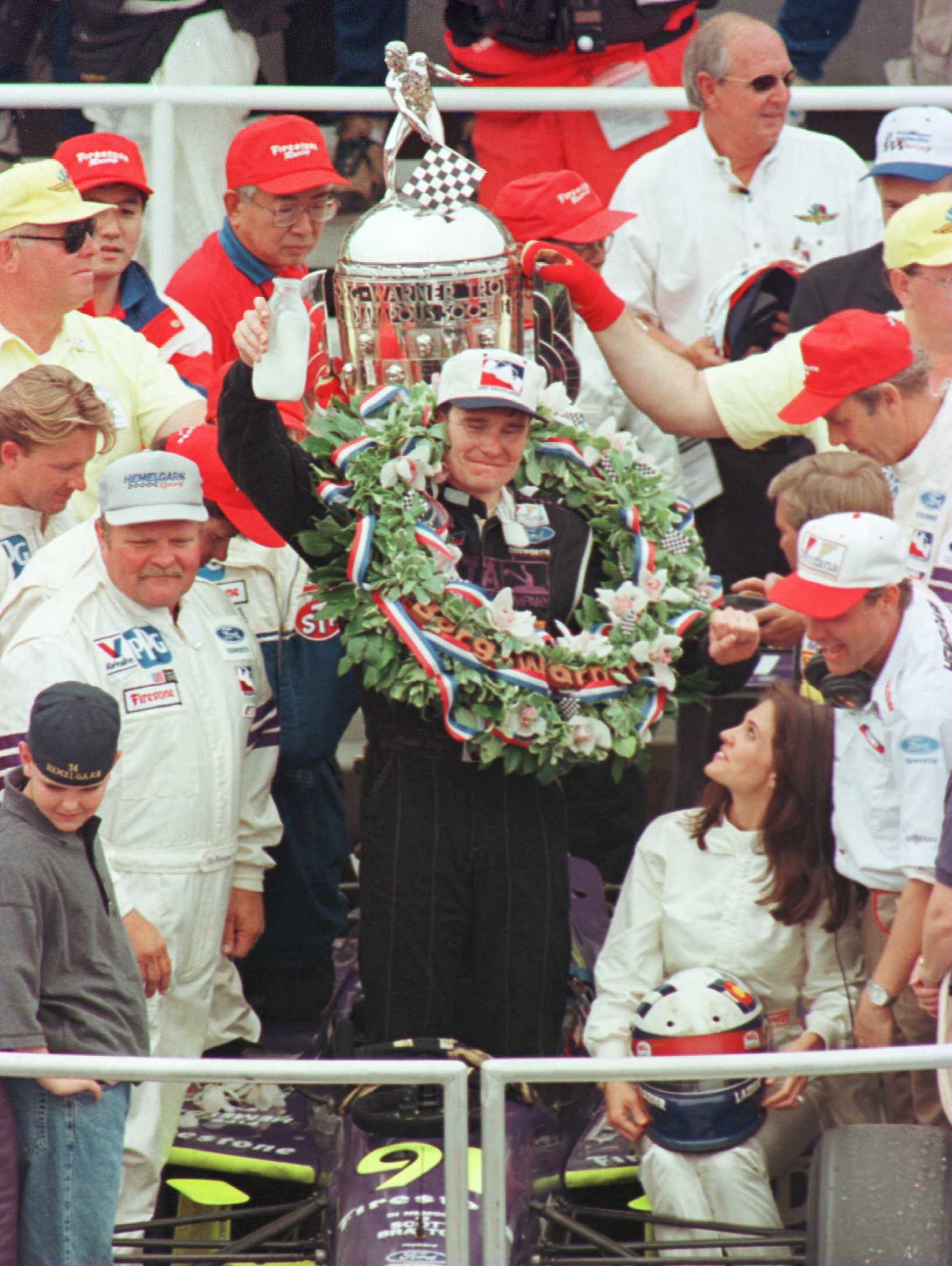 26 May 1996:  Buddy Lazier celebrates winning the Indianapolis 500 at the Indianapolis Motor Speedway in Indianapolis, Indiana. Lazier won with a time of 3:22:45.753. Mandatory Credit:  Andy Lyons/ALLSPORT