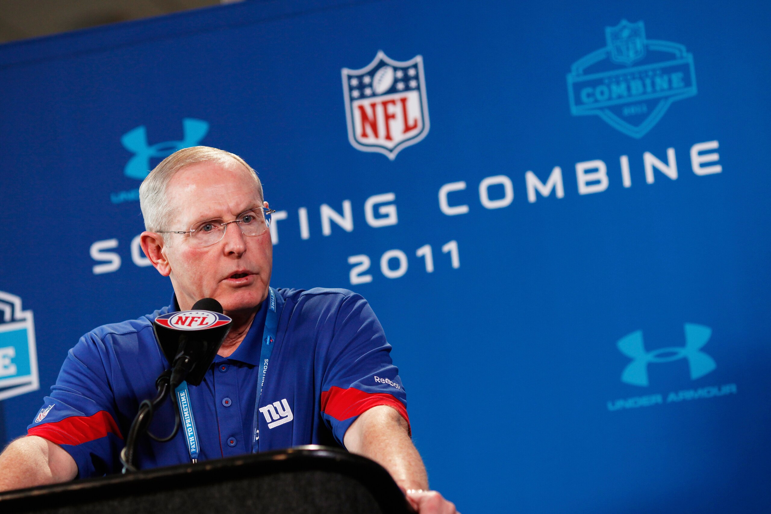 INDIANAPOLIS, IN - FEBRUARY 25: New York Giants head coach Tom Coughlin answers questions during a media session at the 2011 NFL Scouting Combine at Lucas Oil Stadium on February 25, 2011 in Indianapolis, Indiana. (Photo by Joe Robbins/Getty Images) INDIANAPOLIS, IN - FEBRUARY 25: New York Giants head coach Tom Coughlin answers questions during a media session at the 2011 NFL Scouting Combine at Lucas Oil Stadium on February 25, 2011 in Indianapolis, Indiana. (Photo by Joe Robbins/Getty Images)