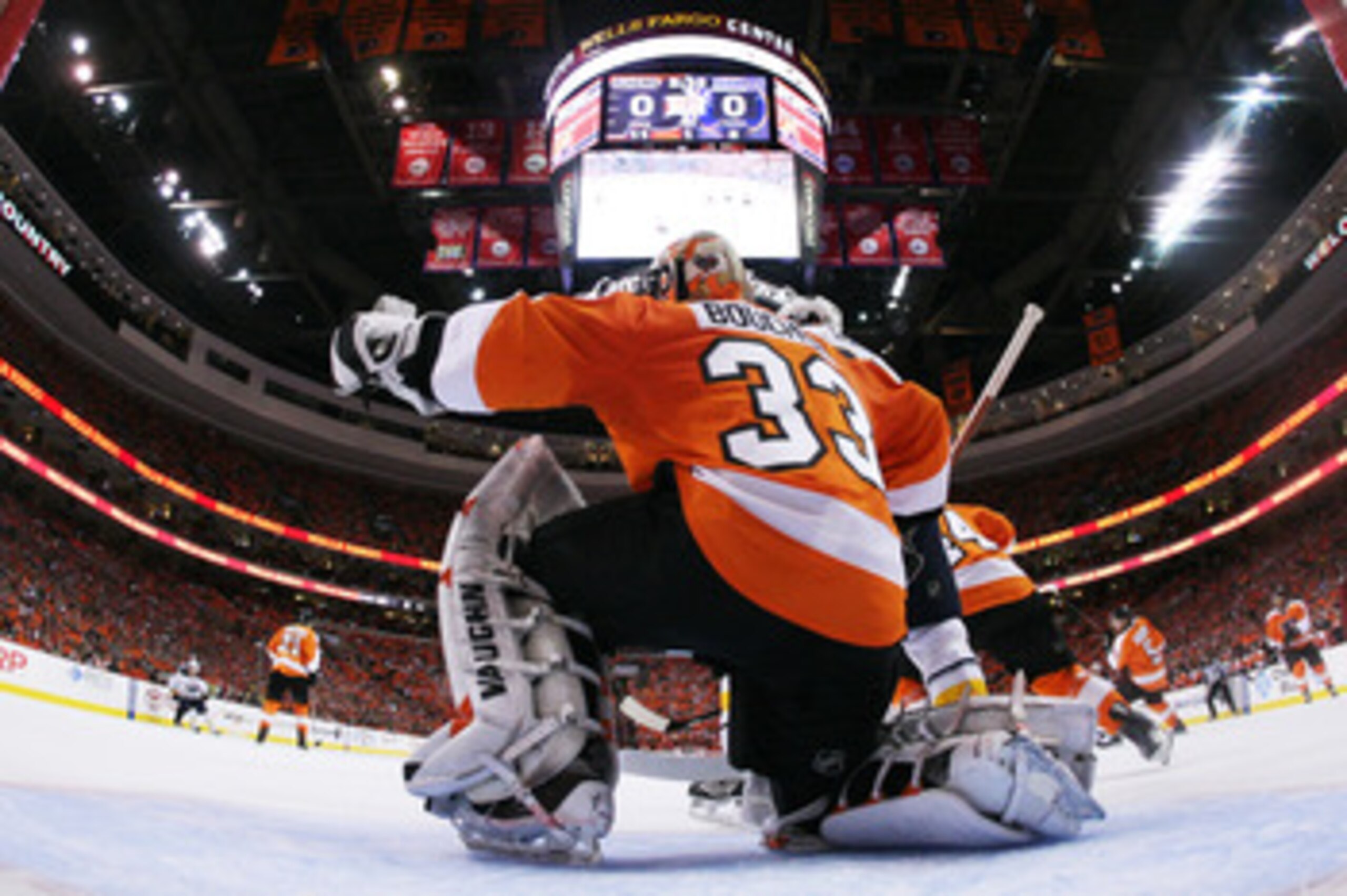 PHILADELPHIA, PA - APRIL 26:  Brian Boucher #33 of the Philadelphia Flyers defends against the Buffalo Sabres in the first period of Game Seven of the Eastern Conference Quarterfinals during the 2011 NHL Stanley Cup Playoffs at Wells Fargo Center on April