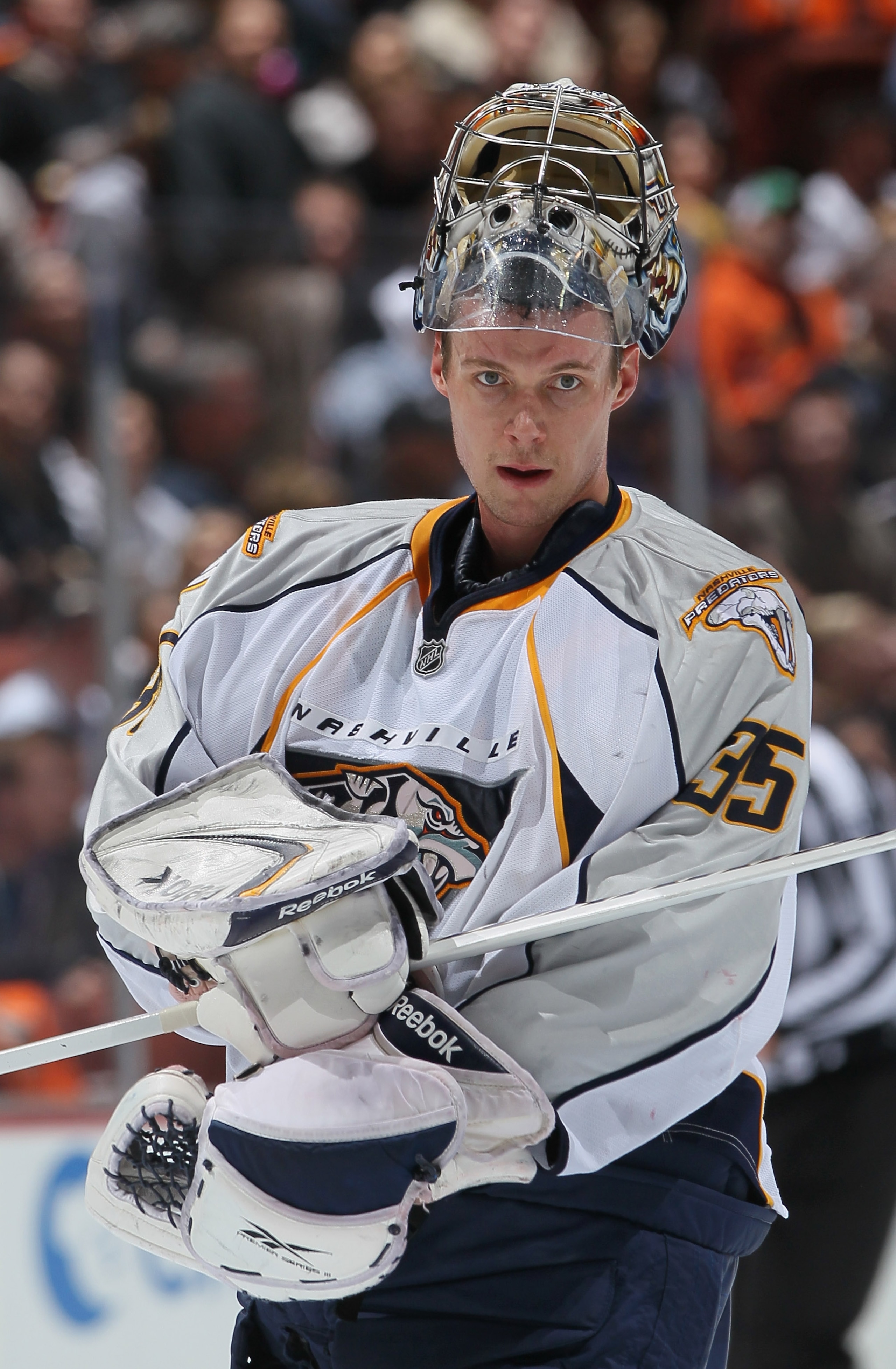 ANAHEIM, CA - APRIL 15:  Goaltender Pekka Rinne #35 of the Nashville Predators looks on against the Anaheim Ducks in Game Two of the Western Conference Quarterfinals during the 2011 NHL Stanley Cup Playoffs at Honda Center on April 15, 2011 in Anaheim, Ca