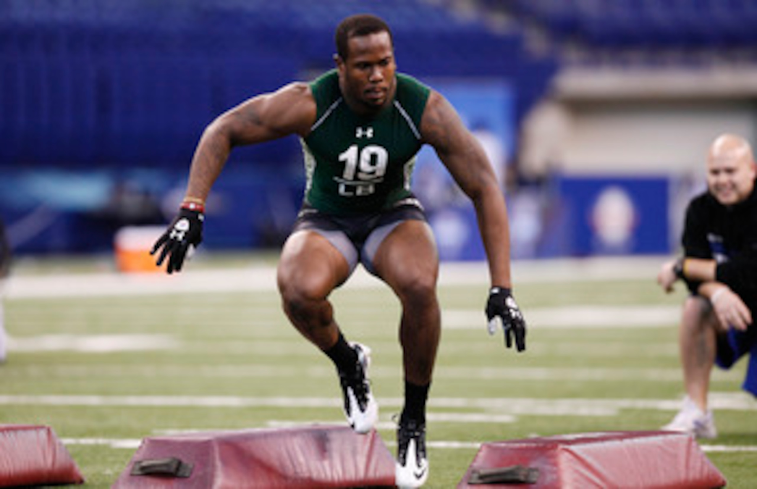INDIANAPOLIS, IN - FEBRUARY 28: Von Miller of Texas A&M works out during the 2011 NFL Scouting Combine at Lucas Oil Stadium on February 28, 2011 in Indianapolis, Indiana. (Photo by Joe Robbins/Getty Images)