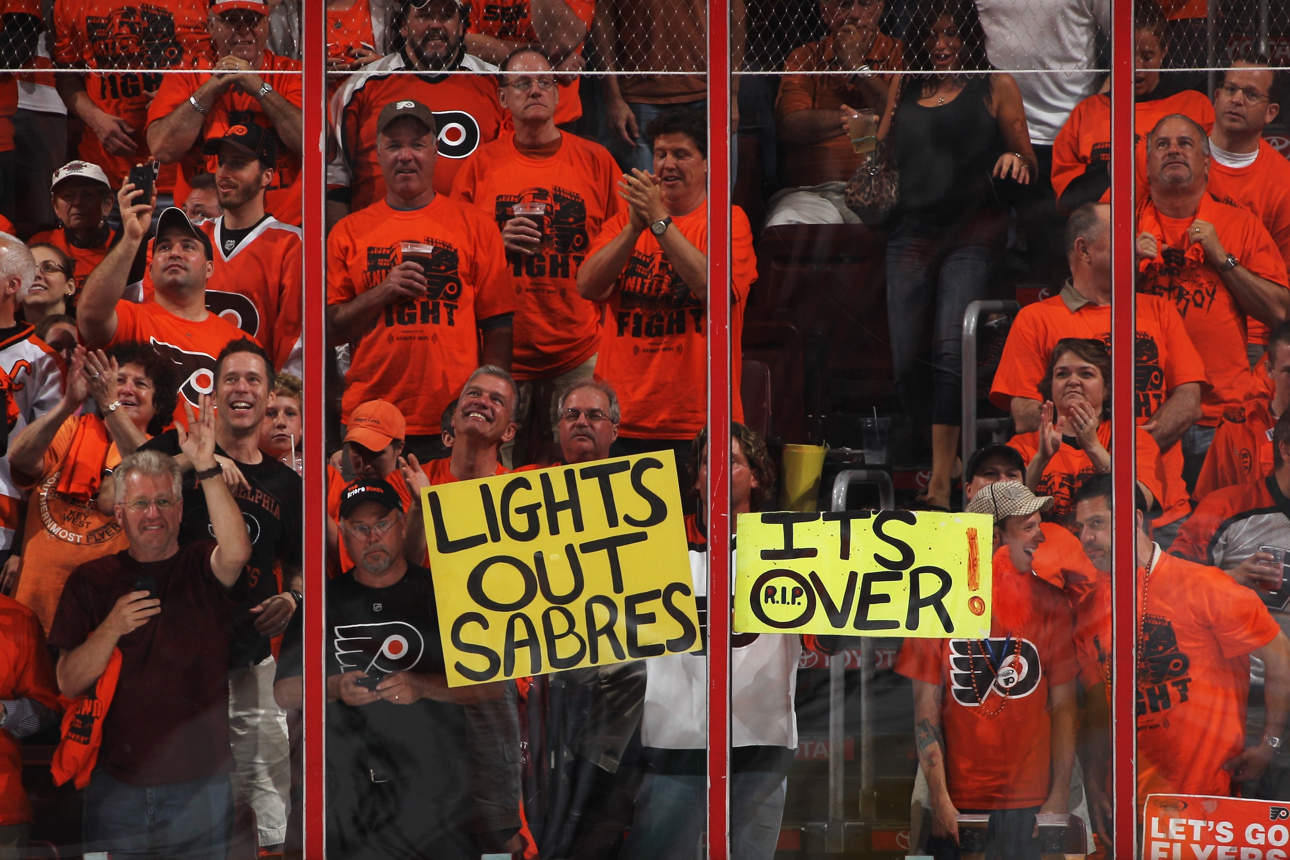 PHILADELPHIA, PA - APRIL 26:  Philadelphia Flyers fans celebrate during the second period of their game against the Buffalo Sabres in Game Seven of the Eastern Conference Quarterfinals during the 2011 NHL Stanley Cup Playoffs at Wells Fargo Center on Apri
