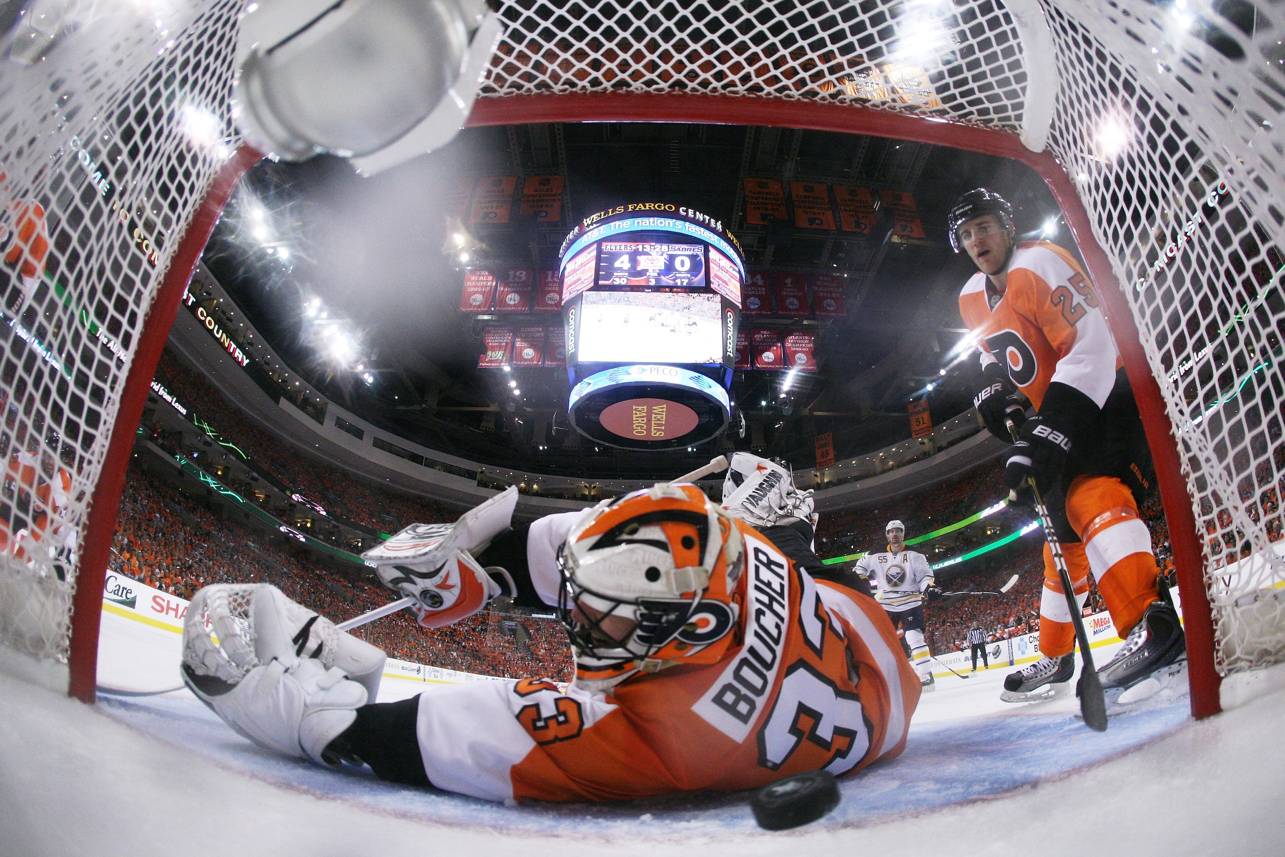 PHILADELPHIA, PA - APRIL 26:  Brian Boucher #33 of the Philadelphia Flyers fails to block a third period goal by Tyler Myers #57 of the Buffalo Sabres in Game Seven of the Eastern Conference Quarterfinals during the 2011 NHL Stanley Cup Playoffs at Wells 