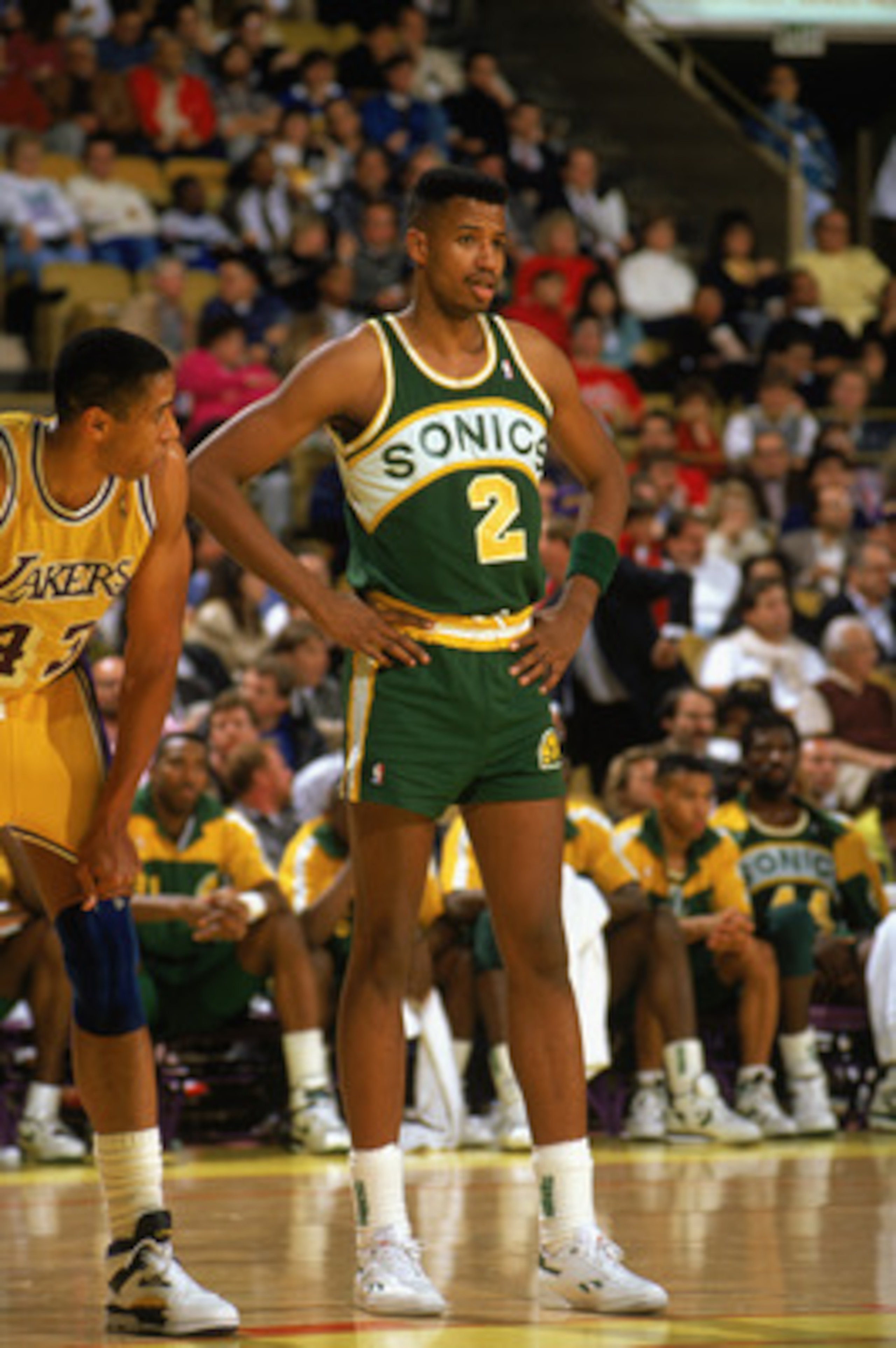 LOS ANGELES - 1990:  Brad Sellers #2 of the Seattle Supersonics stands on the line as he waits for a pair of free-throws during a game against the Los Angeles Lakers in the 1989-1990 NBA season at the Great Western Forum in Los Angeles, California.  (Phot