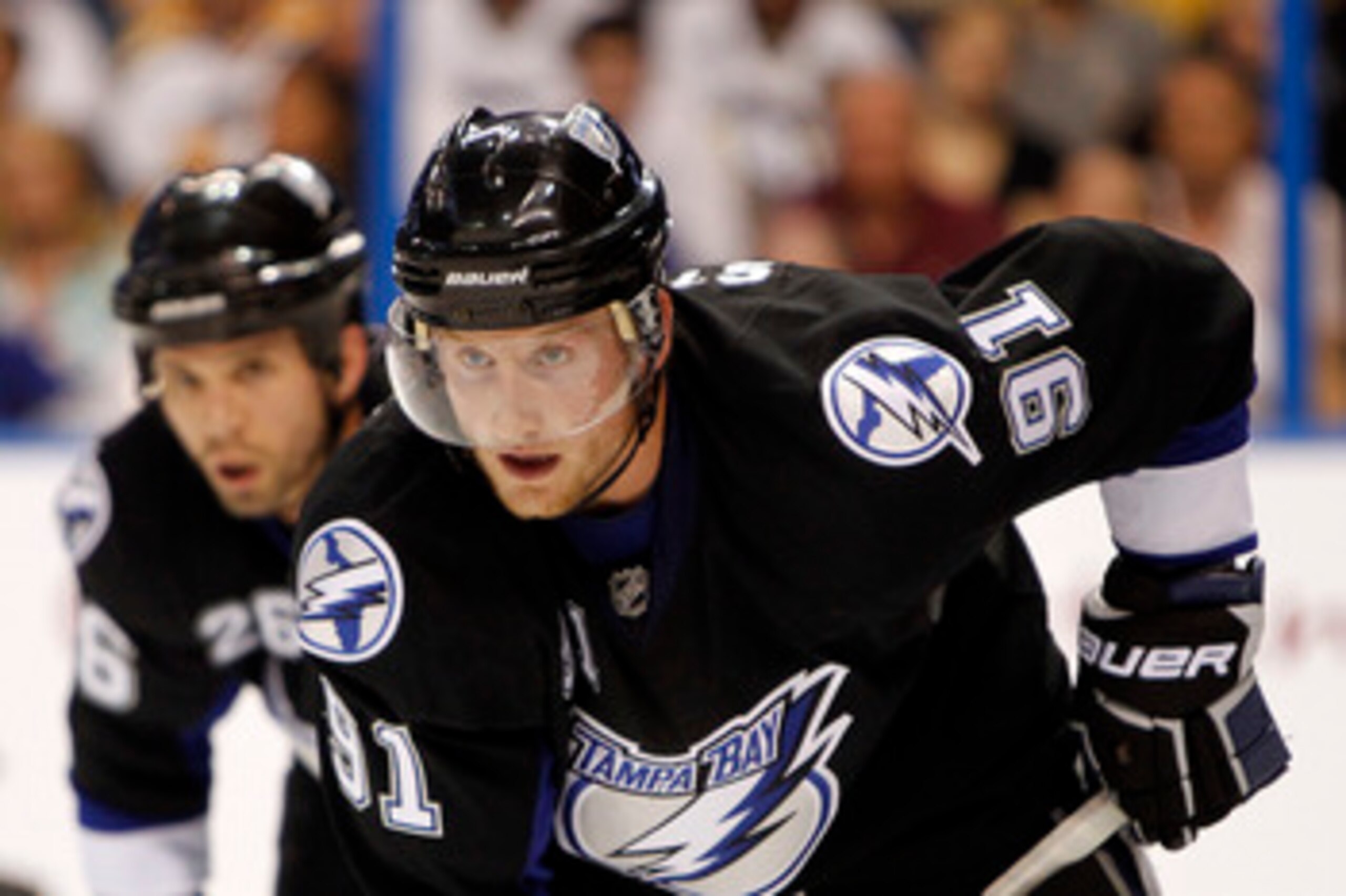 TAMPA, FL - APRIL 18: Steven Stamkos #91 of the Tampa Bay Lightning faces off against the Pittsburgh Penguins in Game Three of the Eastern Conference Quarterfinals during the 2011 NHL Stanley Cup Playoffs at the St. Pete Times Forum on April 18, 2011 in T