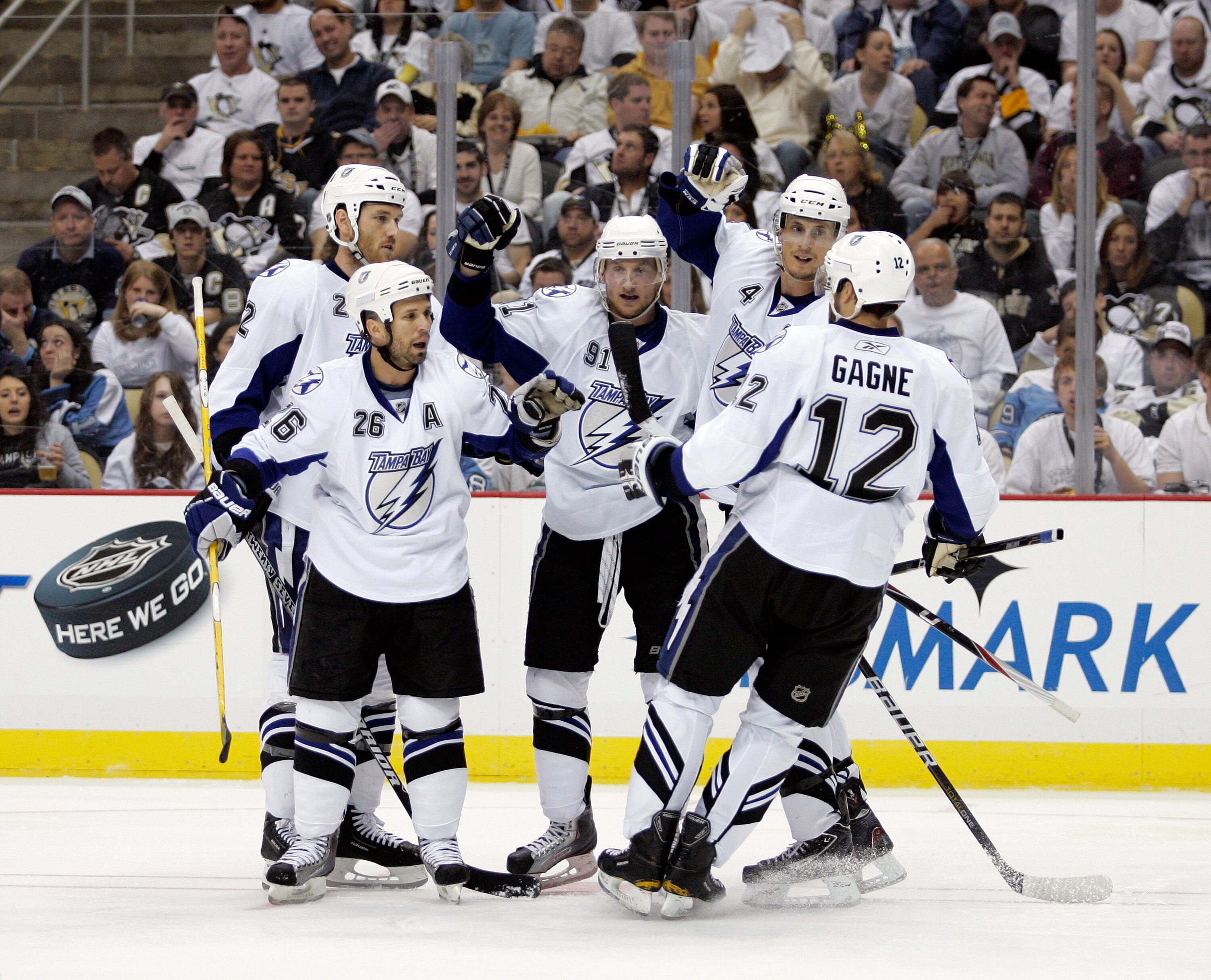 PITTSBURGH, PA - APRIL 23:  Steven Stamkos #91 of the Tampa Bay Lightning celebrates his second goal of the game against the Pittsburgh Penguins in Game Five of the Eastern Conference Quarterfinals during the 2011 NHL Stanley Cup Playoffs at Consol Energy