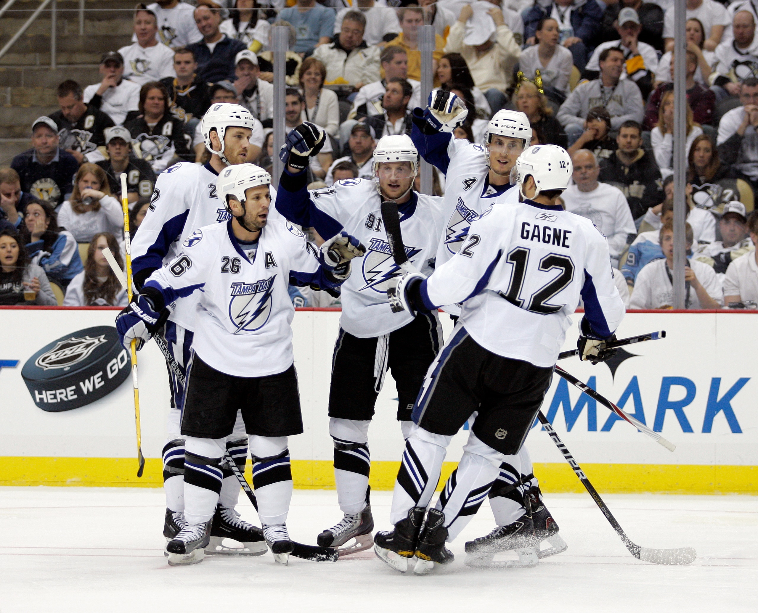 PITTSBURGH, PA - APRIL 23:  Steven Stamkos #91 of the Tampa Bay Lightning celebrates his second goal of the game against the Pittsburgh Penguins in Game Five of the Eastern Conference Quarterfinals during the 2011 NHL Stanley Cup Playoffs at Consol Energy