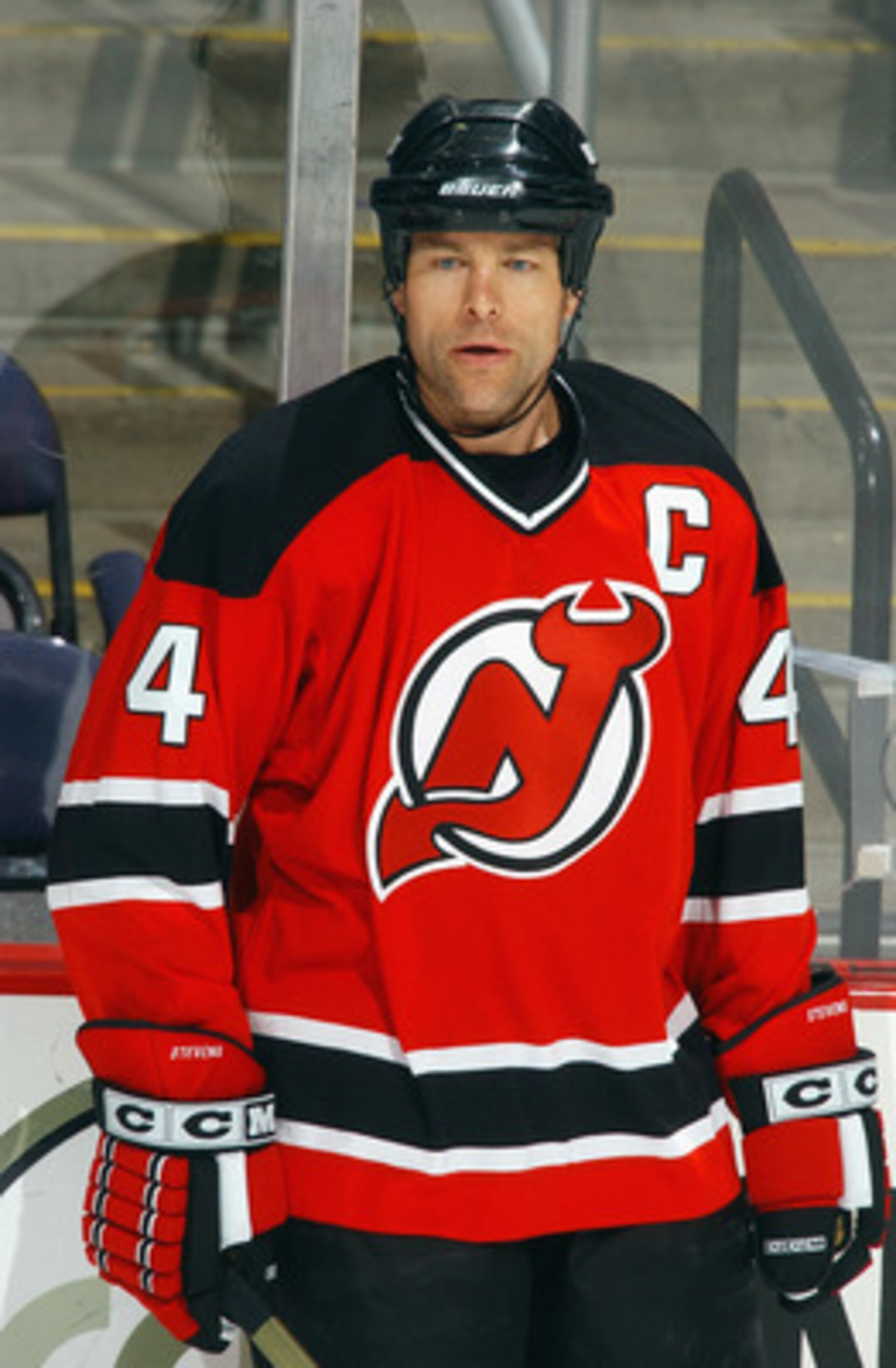 WASHINGTON - FEBRUARY 5:  Scott Stevens #4 of the New Jersey Devils looks on against the Washington Capitals at the MCI Center on February 5, 2003 in Washington, D.C.  The Devils defeated the Capitals 4-1.  (Photo By Mitchell Layton/Getty Images/NHLI)