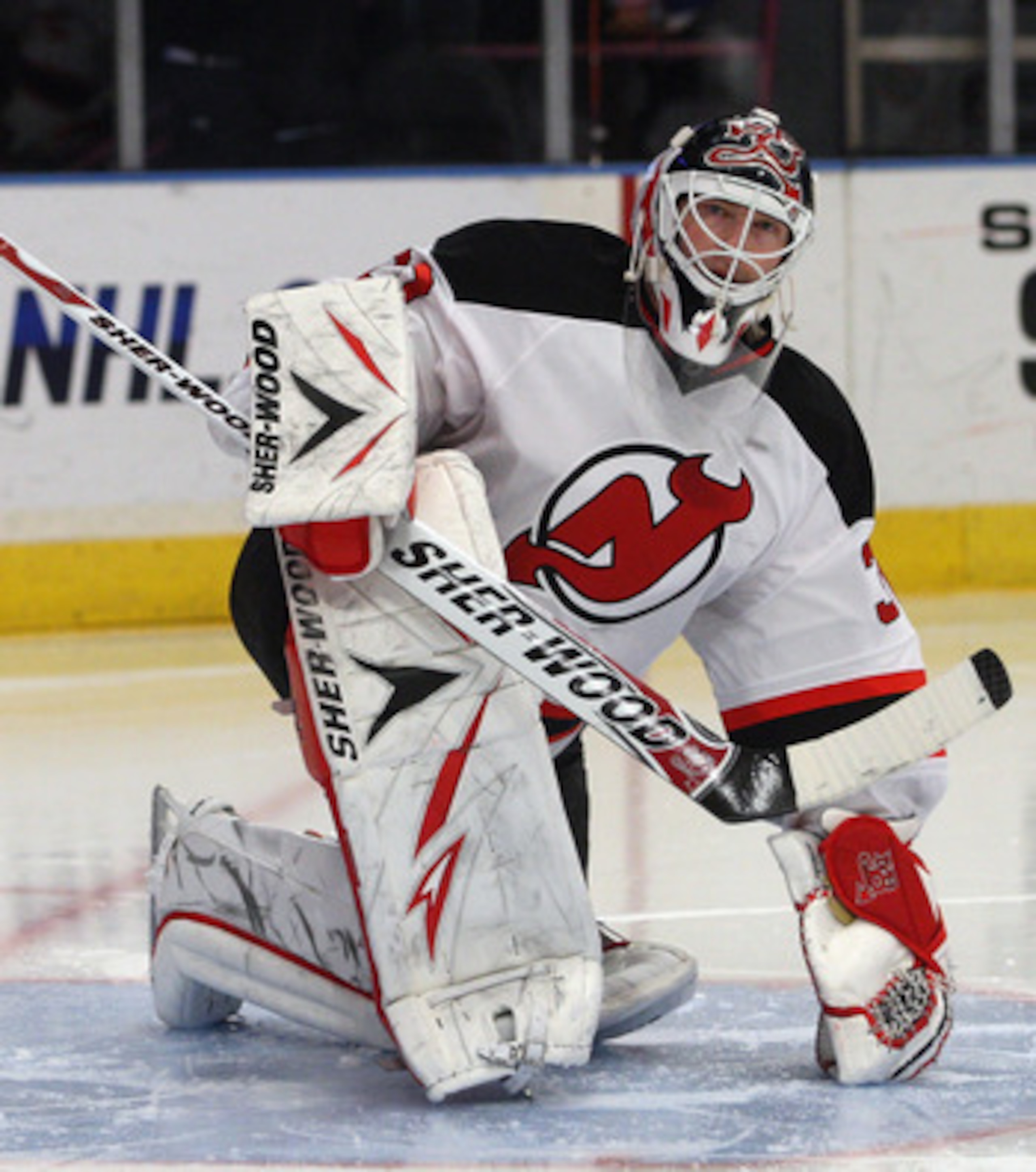 NEW YORK, NY - APRIL 09: Martin Brodeur #30 of the New Jersey Devils stretches prior to the game against the New York Rangers at Madison Square Garden on April 9, 2011 in New York City.  (Photo by Jonathan Klein/Getty Images)