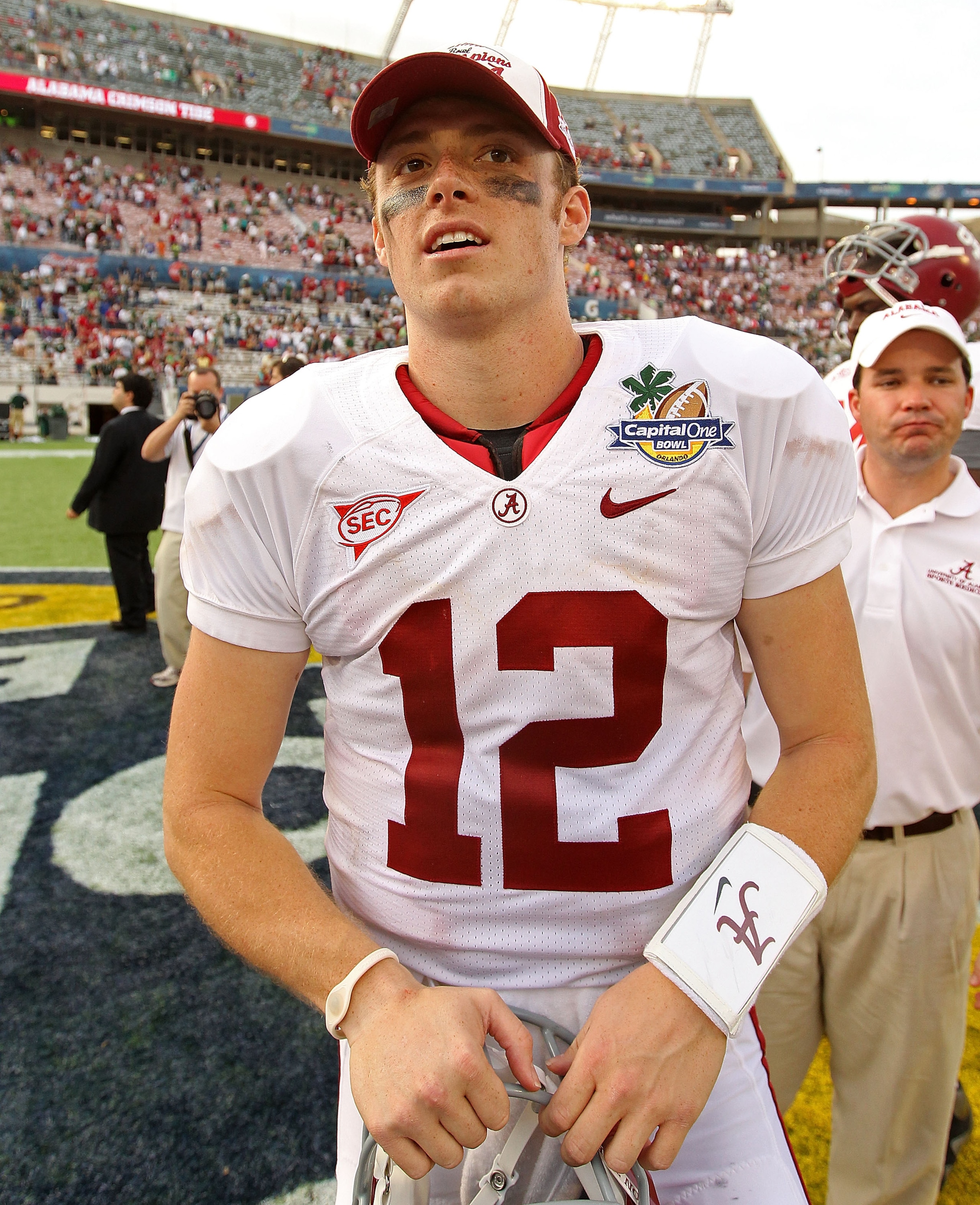 ORLANDO, FL - JANUARY 01:  Greg McElroy #12 of the Alabama Crimson Tide smiles after winning the Capitol One Bowl against the Michigan State Spartans at the Florida Citrus Bowl on January 1, 2011 in Orlando, Florida.  (Photo by Mike Ehrmann/Getty Images)
