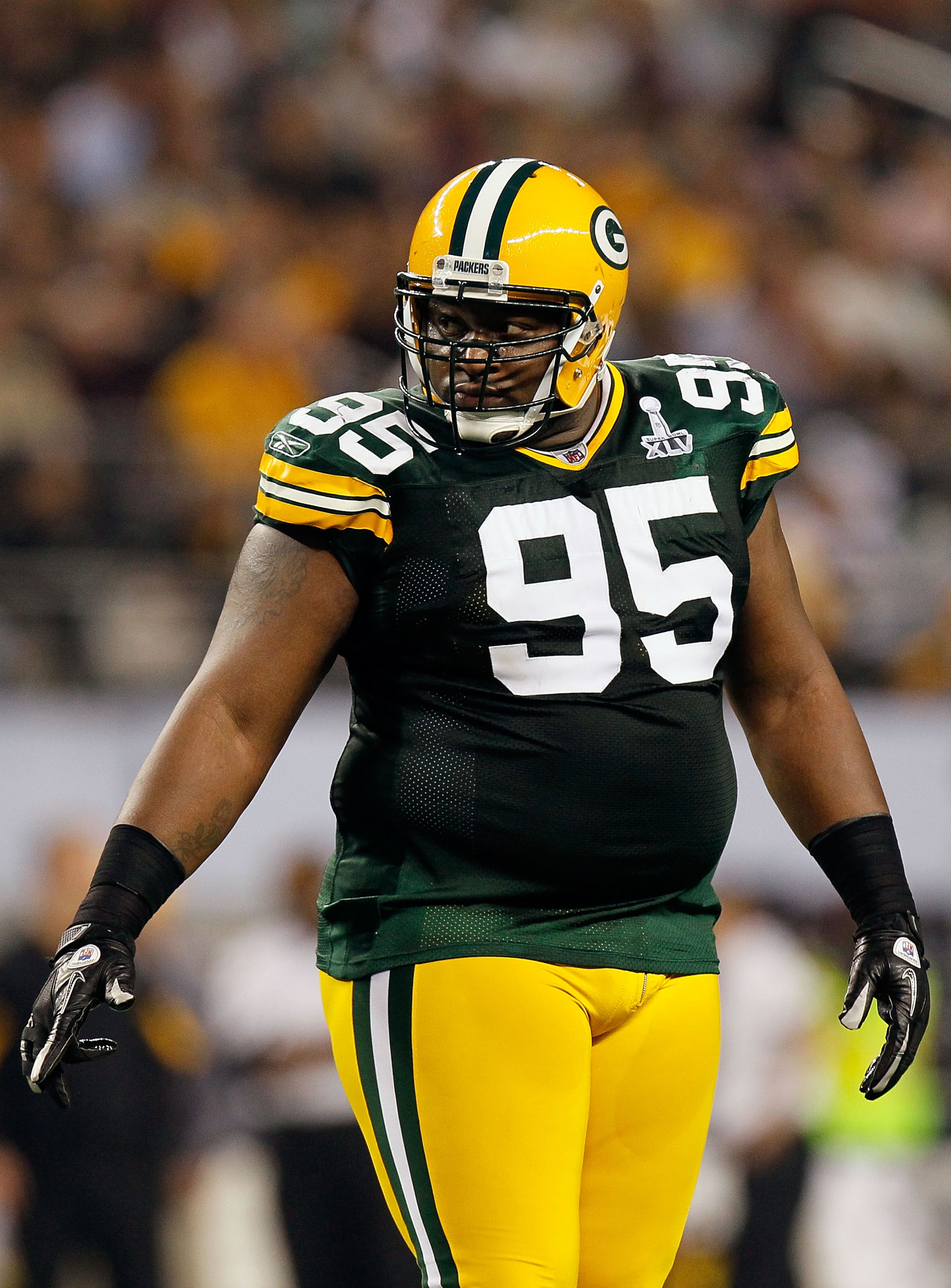 ARLINGTON, TX - FEBRUARY 06:  Howard Green #95 of the Green Bay Packers looks on against the Pittsburgh Steelers during Super Bowl XLV at Cowboys Stadium on February 6, 2011 in Arlington, Texas. The Packers won 31-25. (Photo by Kevin C. Cox/Getty Images)