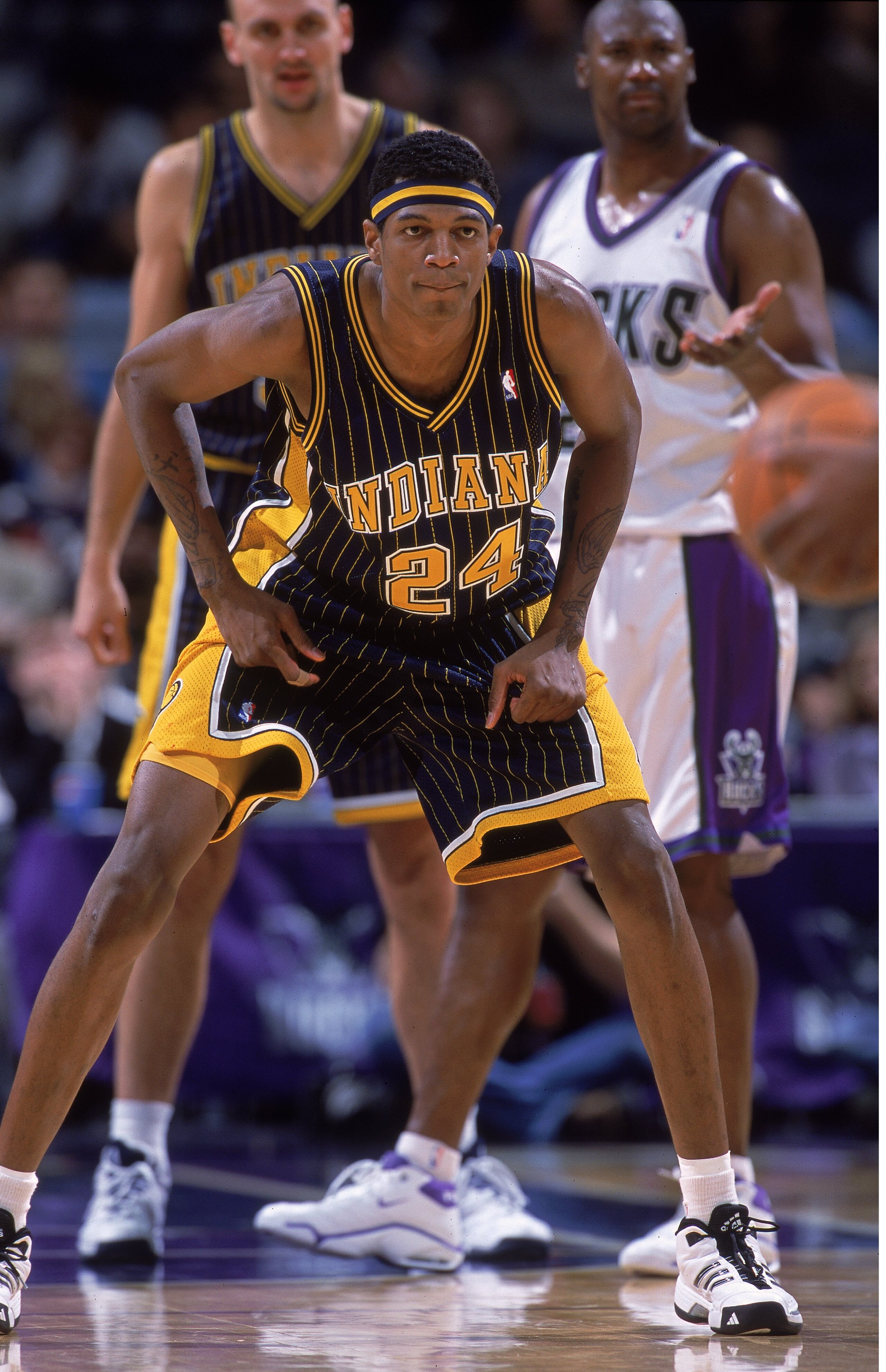 3 Dec 2000:  Johnathan Bender #24 of the Indiana Pacers is ready on the court during the game against the Milwaukee Bucks at the Bradley Center in Milwaukee, Wisconsin. The Bucks defeated the Pacers 92-80.    NOTE TO USER: It is expressly understood that