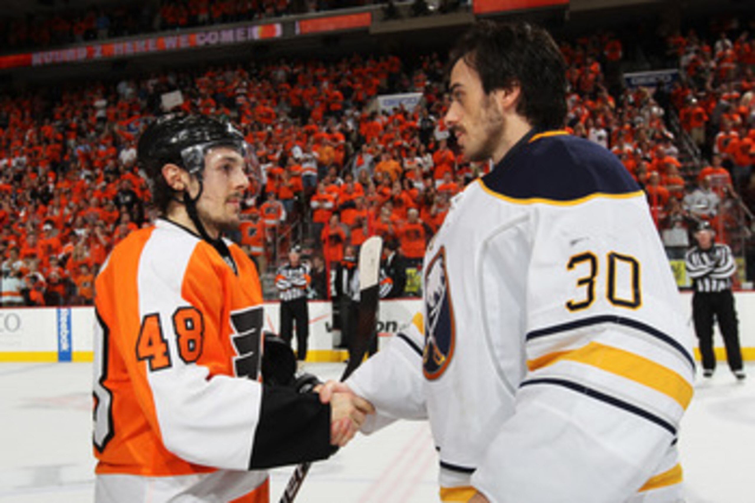 PHILADELPHIA, PA - APRIL 26: Danny Briere #48 of the Philadelphia Flyers shakes hands with Ryan Miller #30 of the Buffalo Sabres after the Flyers defeated the Sabres 5 to 2 in Game Seven of the Eastern Conference Quarterfinals during the 2011 NHL Stanley PHILADELPHIA, PA - APRIL 26: Danny Briere #48 of the Philadelphia Flyers shakes hands with Ryan Miller #30 of the Buffalo Sabres after the Flyers defeated the Sabres 5 to 2 in Game Seven of the Eastern Conference Quarterfinals during the 2011 NHL Stanley