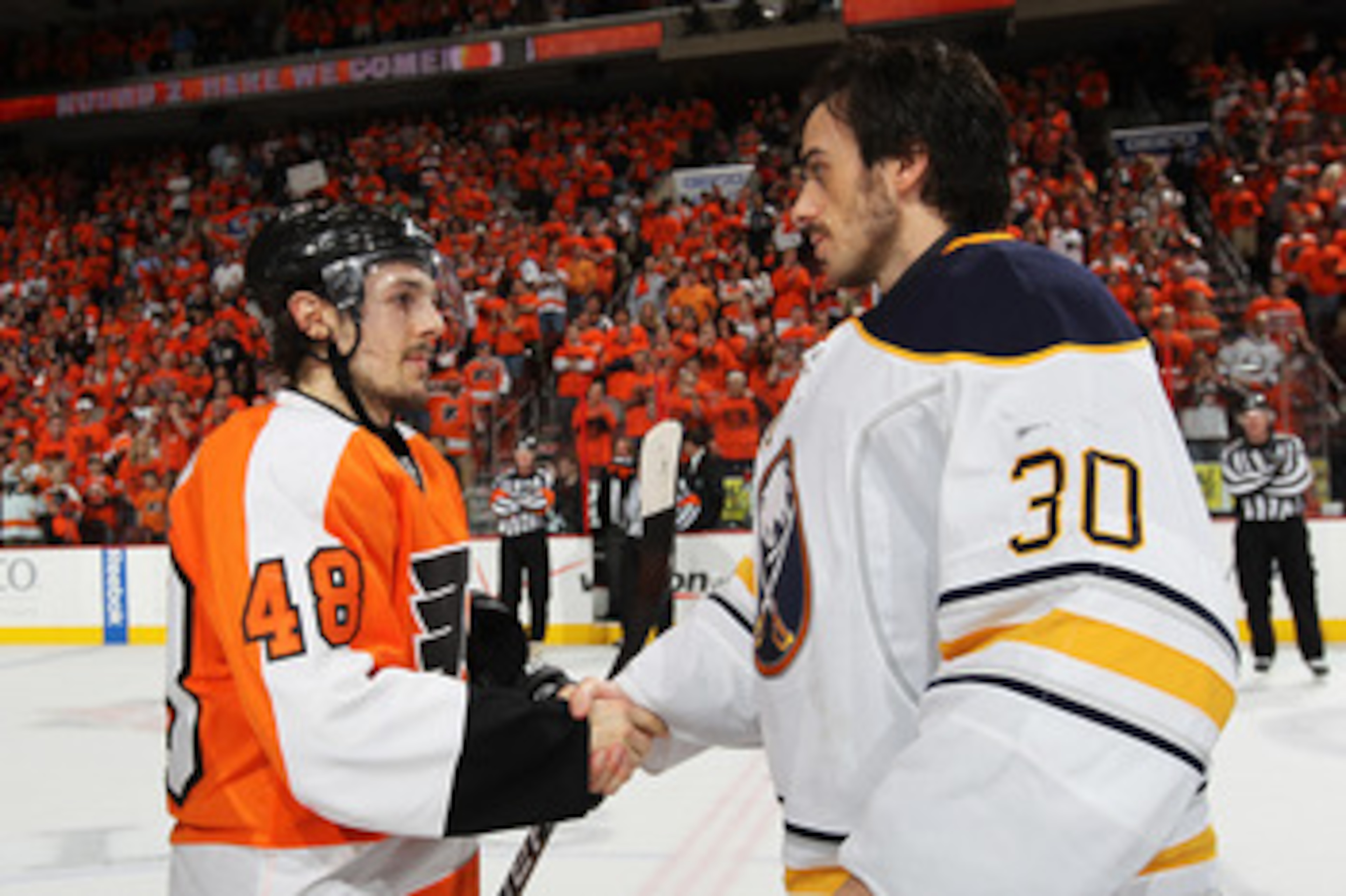PHILADELPHIA, PA - APRIL 26:  Danny Briere #48 of the Philadelphia Flyers shakes hands with Ryan Miller #30 of the Buffalo Sabres after the Flyers defeated the Sabres 5 to 2 in Game Seven of the Eastern Conference Quarterfinals during the 2011 NHL Stanley