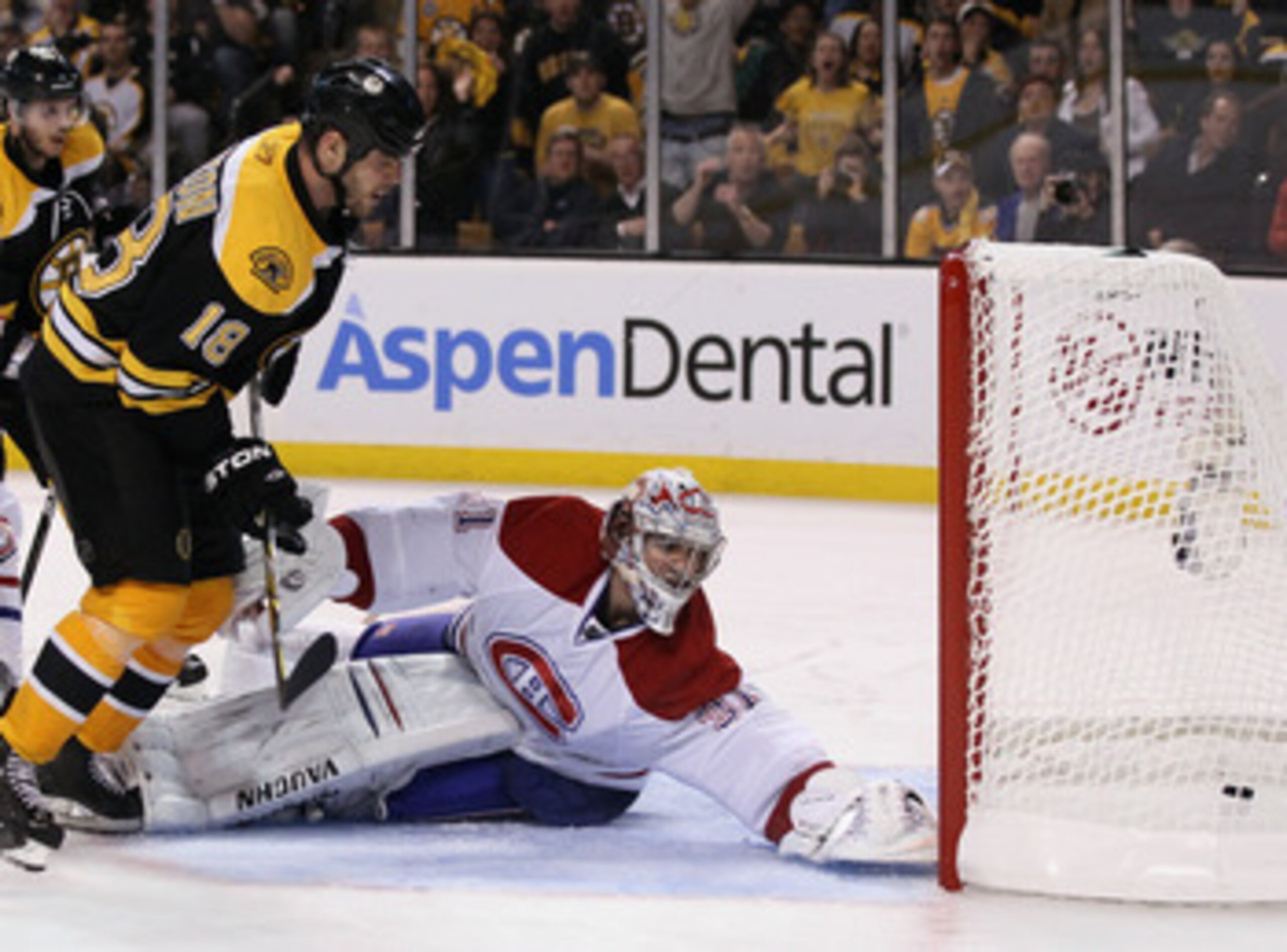 BOSTON, MA - APRIL 23: Nathan Horton #18 of the Boston Bruins scores the game winner as Carey Price #31 of the Montreal Canadiens looks on in Game Five of the Eastern Conference Quarterfinals during the 2011 NHL Stanley Cup Playoffs at TD Garden on April BOSTON, MA - APRIL 23: Nathan Horton #18 of the Boston Bruins scores the game winner as Carey Price #31 of the Montreal Canadiens looks on in Game Five of the Eastern Conference Quarterfinals during the 2011 NHL Stanley Cup Playoffs at TD Garden on April