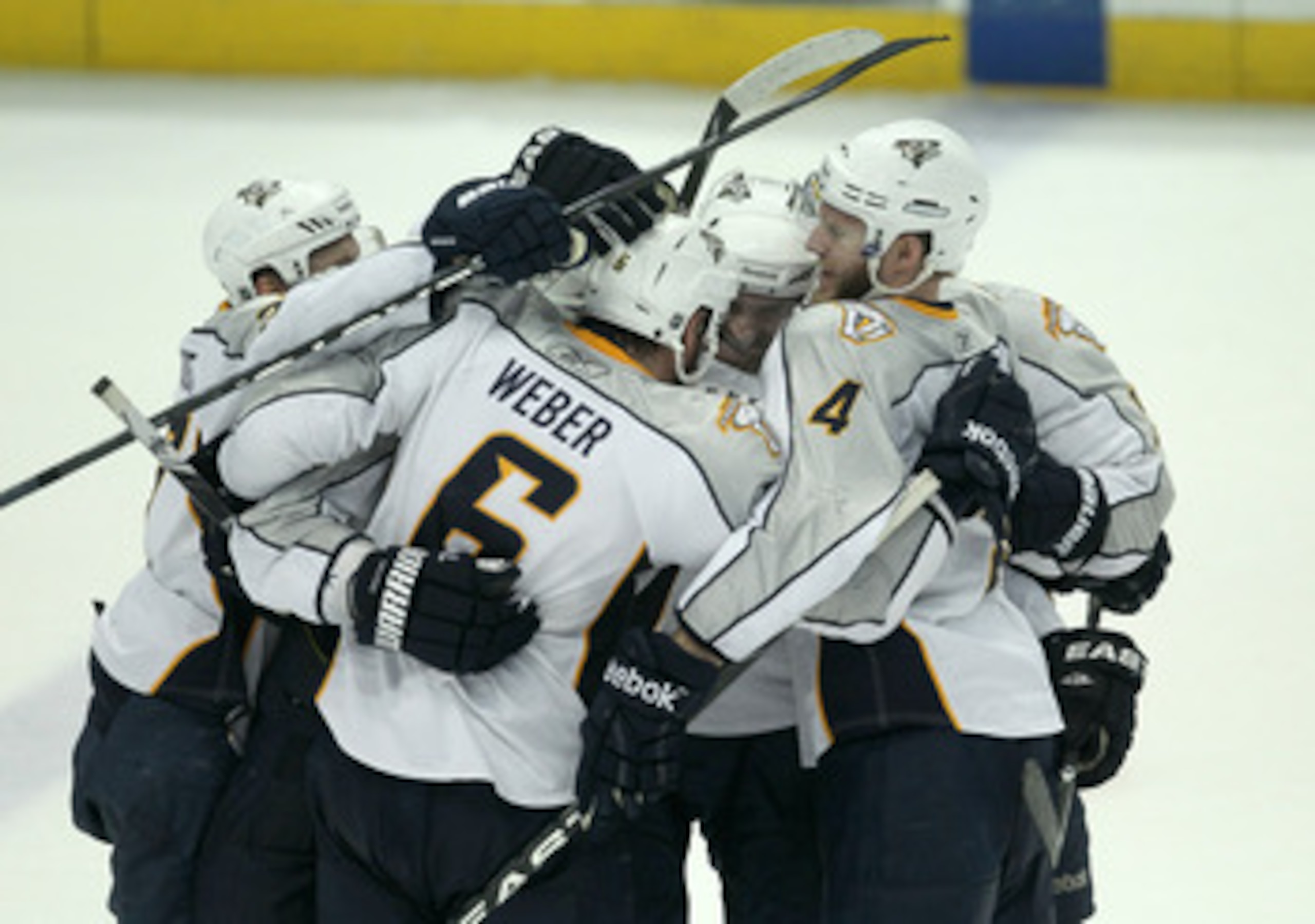 ANAHEIM, CA - APRIL 22: Shea Weber #6 of the Nashville Predators celebrates with teammates after his game tying goal with 36 seconds left in regulation against the Anaheim Ducks in Game Five of the Western Conference Quarterfinals during the 2011 NHL St ANAHEIM, CA - APRIL 22: Shea Weber #6 of the Nashville Predators celebrates with teammates after his game tying goal with 36 seconds left in regulation against the Anaheim Ducks in Game Five of the Western Conference Quarterfinals during the 2011 NHL St