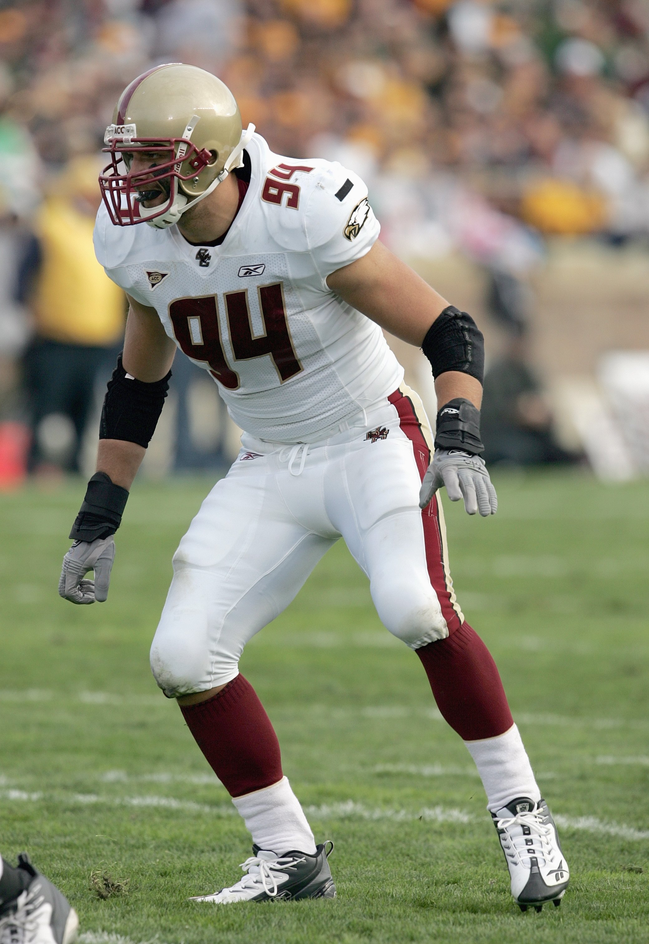 SOUTH BEND, IN - OCTOBER 13: Mark Herzlich #94 of the Boston College Eagles moves on the field during the game against the Notre Dame Fighting Irish on October 13, 2007 at Notre Dame Stadium in South Bend, Indiana. Boston College defeated Notre Dame 27-14