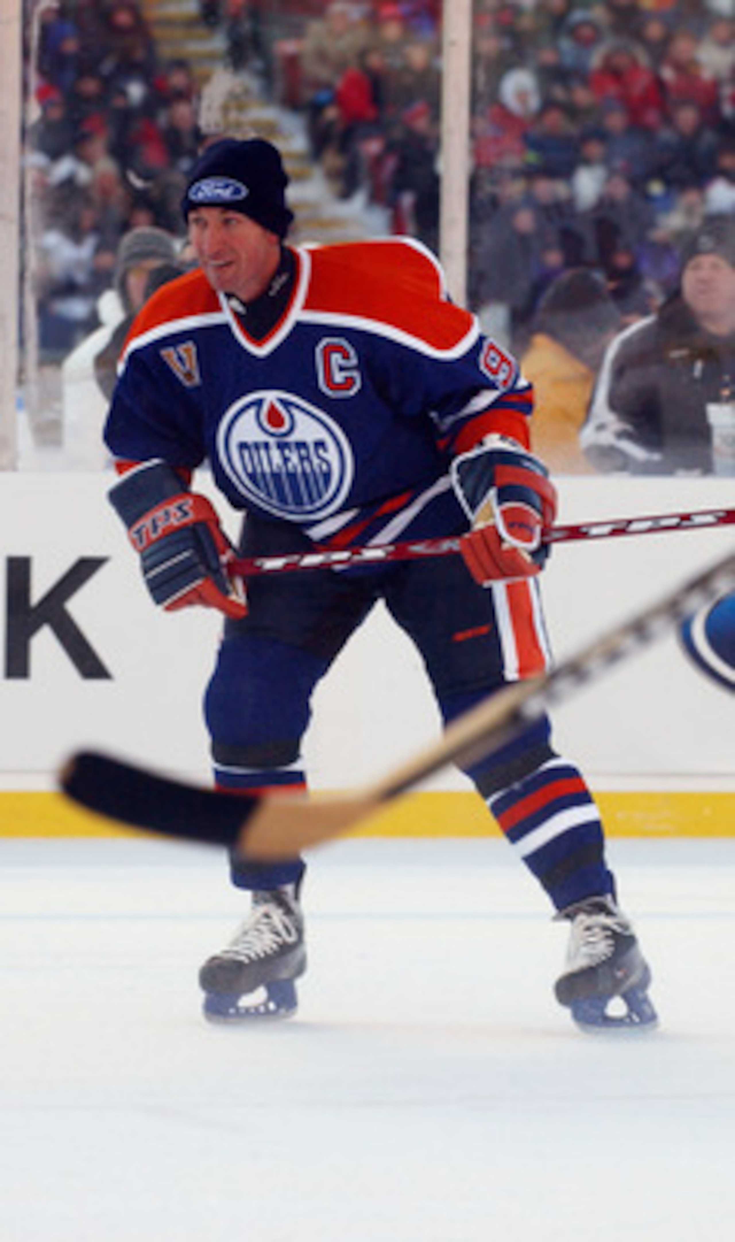 EDMONTON, CANADA - NOVEMBER 22:  Wayne Gretzky #99 of the Edmonton Oilers skates against the Montreal Canadiens during the Molson Canadien Heritage Classic Megastars Game on November 22, 2003 at Commonwealth Stadium in Edmonton, Canada.  (Photo by Dave Sa