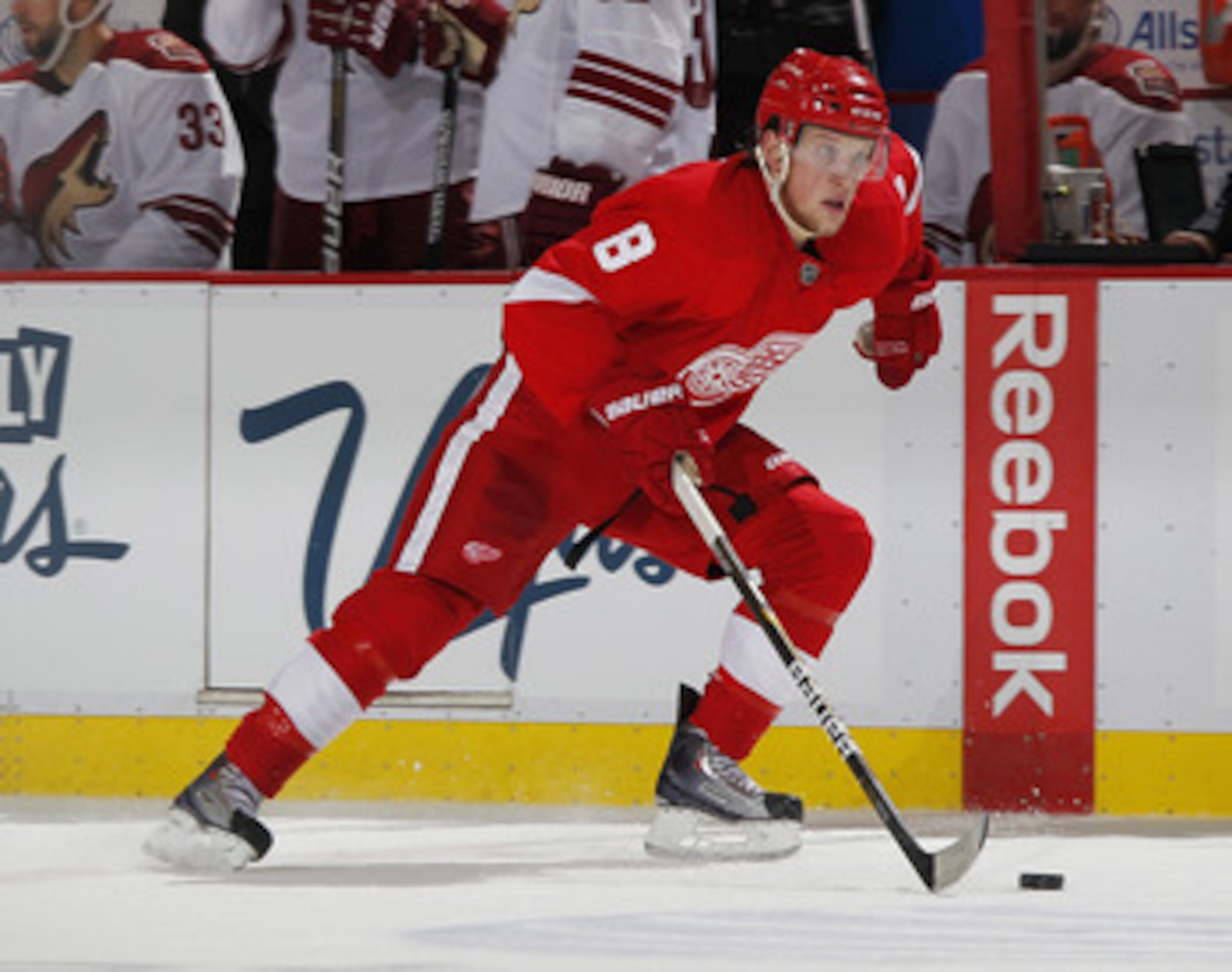 DETROIT, MI - APRIL 16: Justin Abdelkader #8 of the Detroit Red Wings skates with the puck while playing the Phoenix Coyotes in Game Two of the Western Conference Quarterfinals during the 2011 Stanley Cup Playoffs at Joe Louis Arena on April 16, 2011 in D DETROIT, MI - APRIL 16: Justin Abdelkader #8 of the Detroit Red Wings skates with the puck while playing the Phoenix Coyotes in Game Two of the Western Conference Quarterfinals during the 2011 Stanley Cup Playoffs at Joe Louis Arena on April 16, 2011 in D