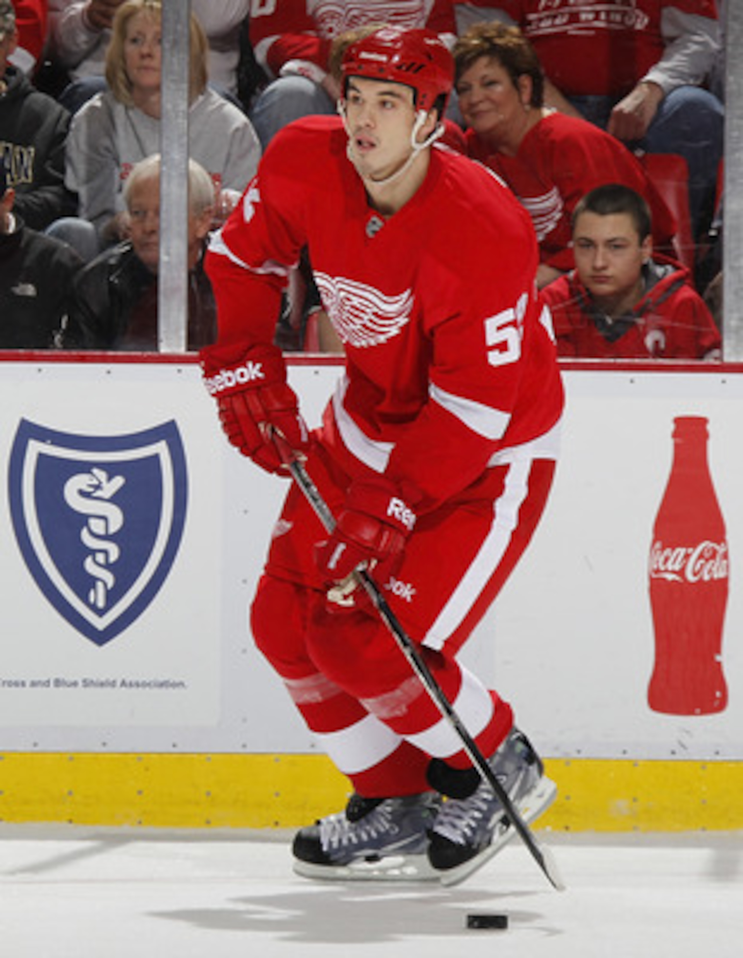 DETROIT, MI - APRIL 16: Jonathan Ericsson #52 of the Detroit Red Wings skates with the puck while playing the Phoenix Coyotes in Game Two of the Western Conference Quarterfinals during the 2011 Stanley Cup Playoffs at Joe Louis Arena on April 16, 2011 in DETROIT, MI - APRIL 16: Jonathan Ericsson #52 of the Detroit Red Wings skates with the puck while playing the Phoenix Coyotes in Game Two of the Western Conference Quarterfinals during the 2011 Stanley Cup Playoffs at Joe Louis Arena on April 16, 2011 in