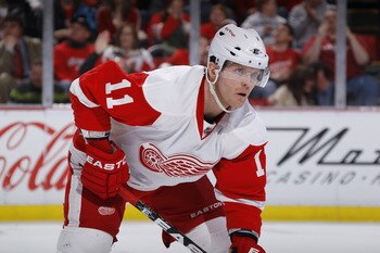 DETROIT, MI - MARCH 30:  Danny Cleary #11 of the Detroit Red Wings looks on the St. Louis Blues at Joe Louis Arena on March 30, 2011 in Detroit, Michigan.  (Photo by Gregory Shamus/Getty Images)