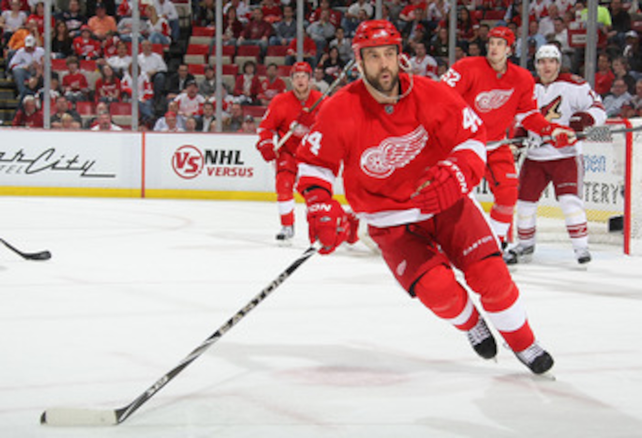 DETROIT, MI- APRIL 13: Todd Bertuzzi #44 of the Detroit Red Wings skates against the Phoenix Coyotes in Game One of the Western Conference Quarterfinals during the 2011 NHL Stanley Cup Playoffs at Joe Louis Arena on April 13, 2011 in Detroit, Michigan.(P DETROIT, MI- APRIL 13: Todd Bertuzzi #44 of the Detroit Red Wings skates against the Phoenix Coyotes in Game One of the Western Conference Quarterfinals during the 2011 NHL Stanley Cup Playoffs at Joe Louis Arena on April 13, 2011 in Detroit, Michigan.(P
