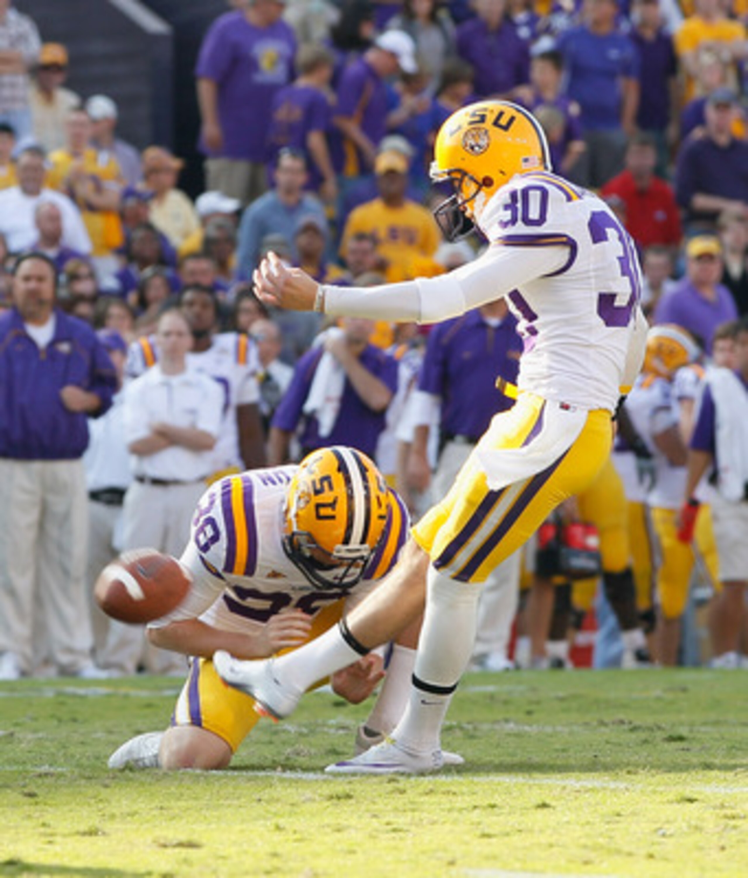 BATON ROUGE, LA - NOVEMBER 20: Josh Jasper #30 of the Louisiana State University Tigers against the Ole Miss Rebels at Tiger Stadium on November 20, 2010 in Baton Rouge, Louisiana. (Photo by Kevin C. Cox/Getty Images) BATON ROUGE, LA - NOVEMBER 20: Josh Jasper #30 of the Louisiana State University Tigers against the Ole Miss Rebels at Tiger Stadium on November 20, 2010 in Baton Rouge, Louisiana. (Photo by Kevin C. Cox/Getty Images)