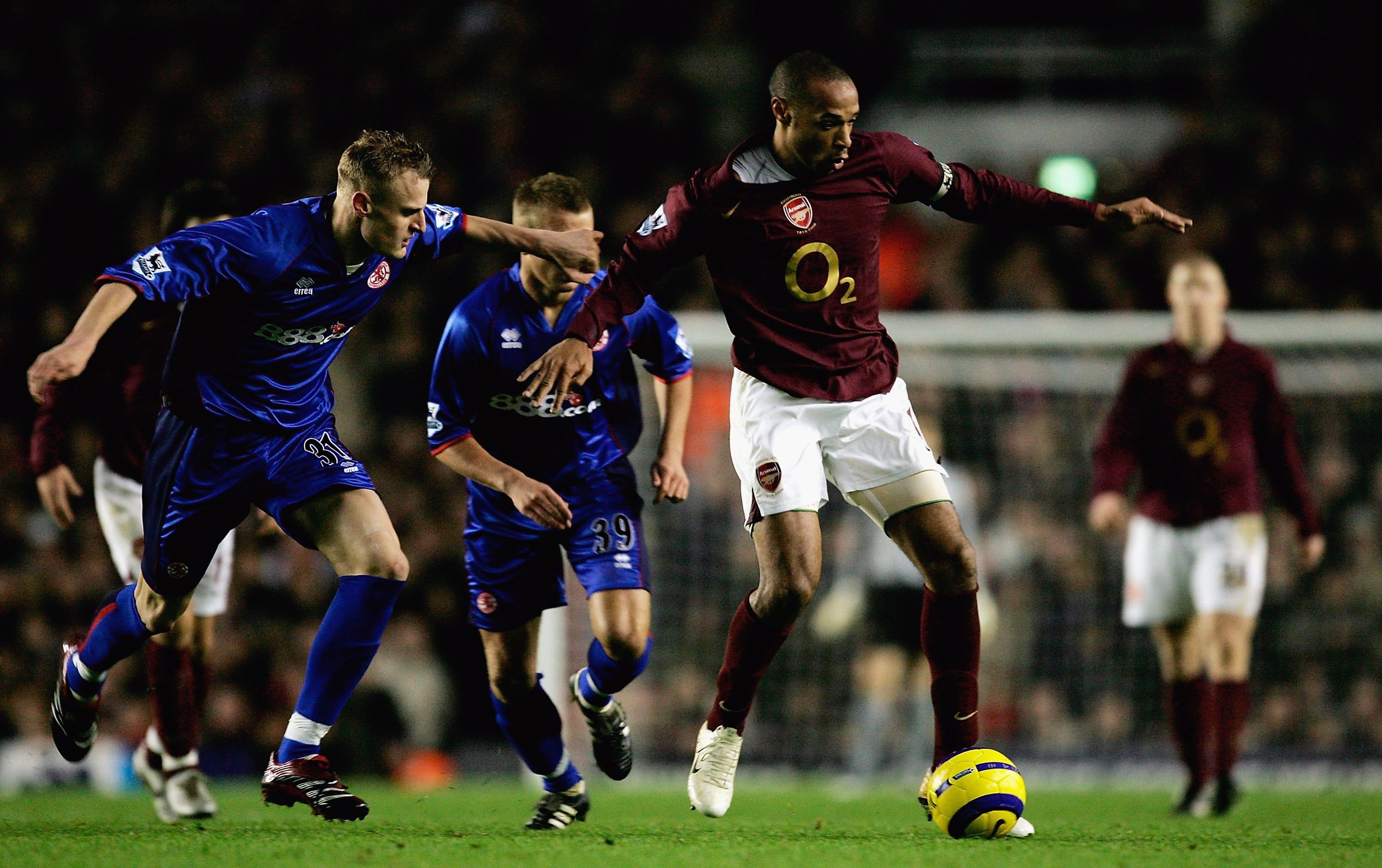 LONDON - JANUARY 14:  Thierry Henry of Arsenal gets away from David Wheater of Middlesbrough during the Barclays Premiership match between Arsenal and Middlesbrough at Highbury on January 14, 2006 in London, England.  (Photo by Richard Heathcote/Getty Ima